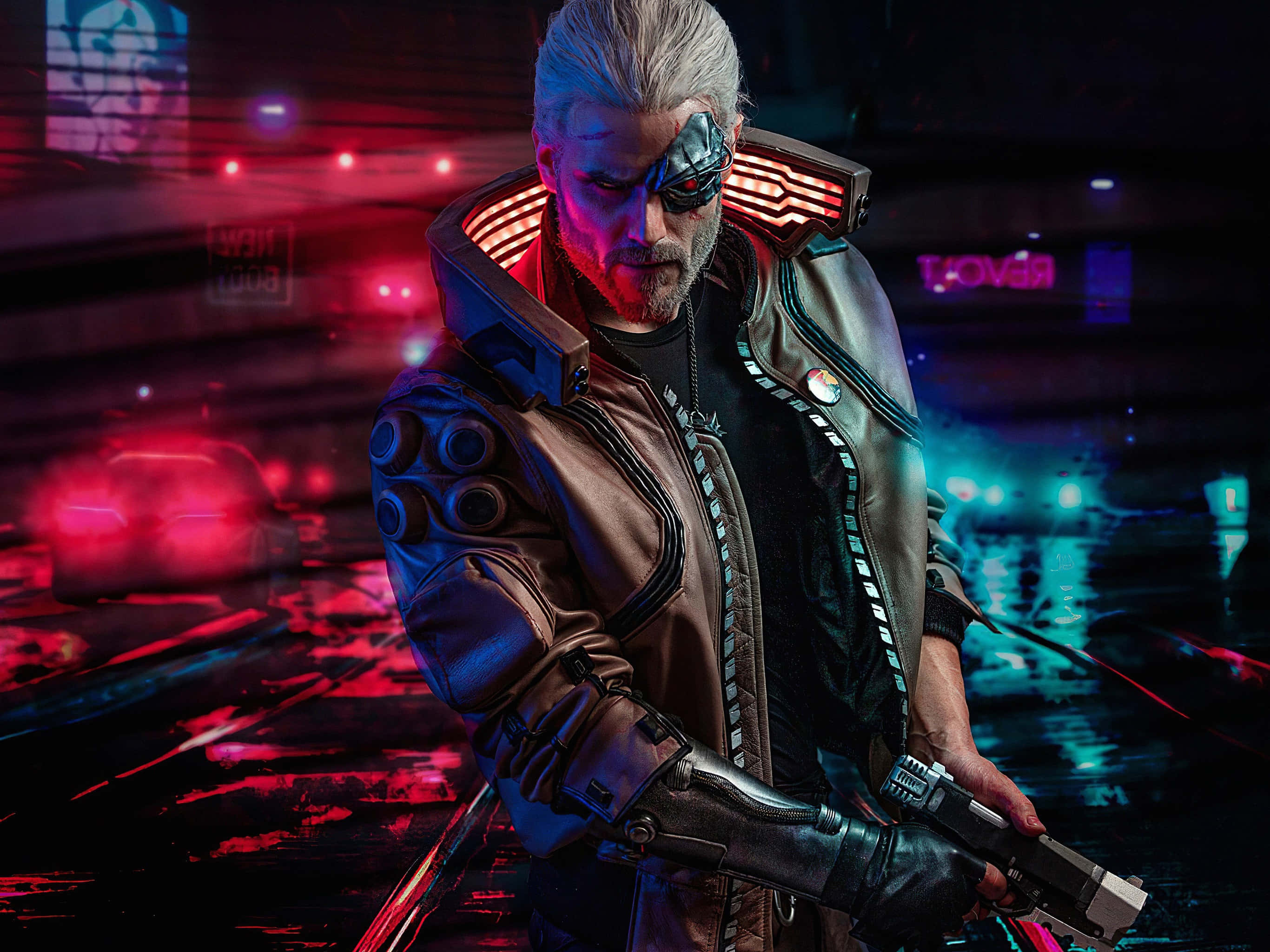 Cyberpunk 2077, neon-drenched rain-soaked city street, night, 2K Desktop Wallpaper