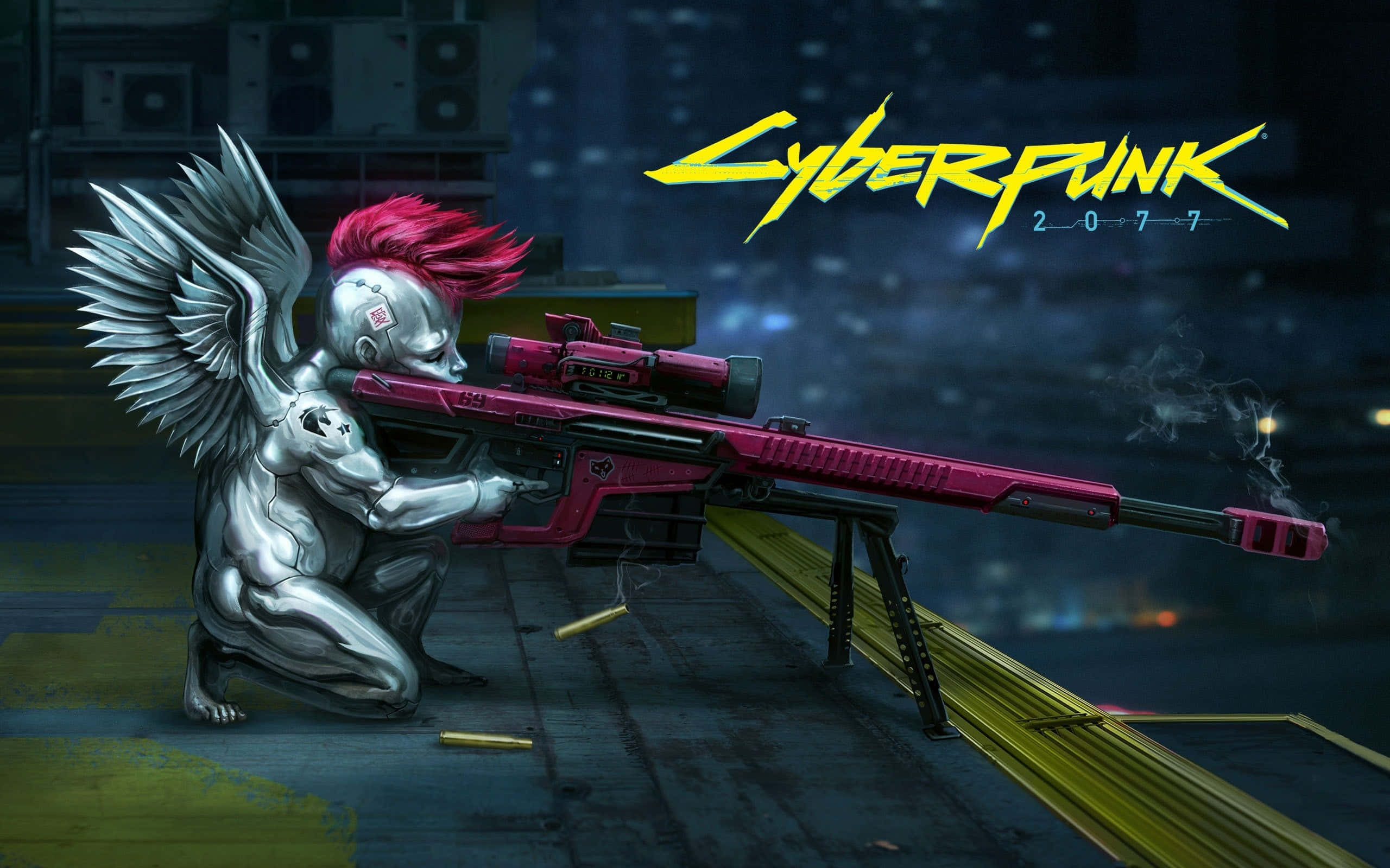Cyberpunk 2077, pink hair, silver wings, 2K Desktop Wallpaper