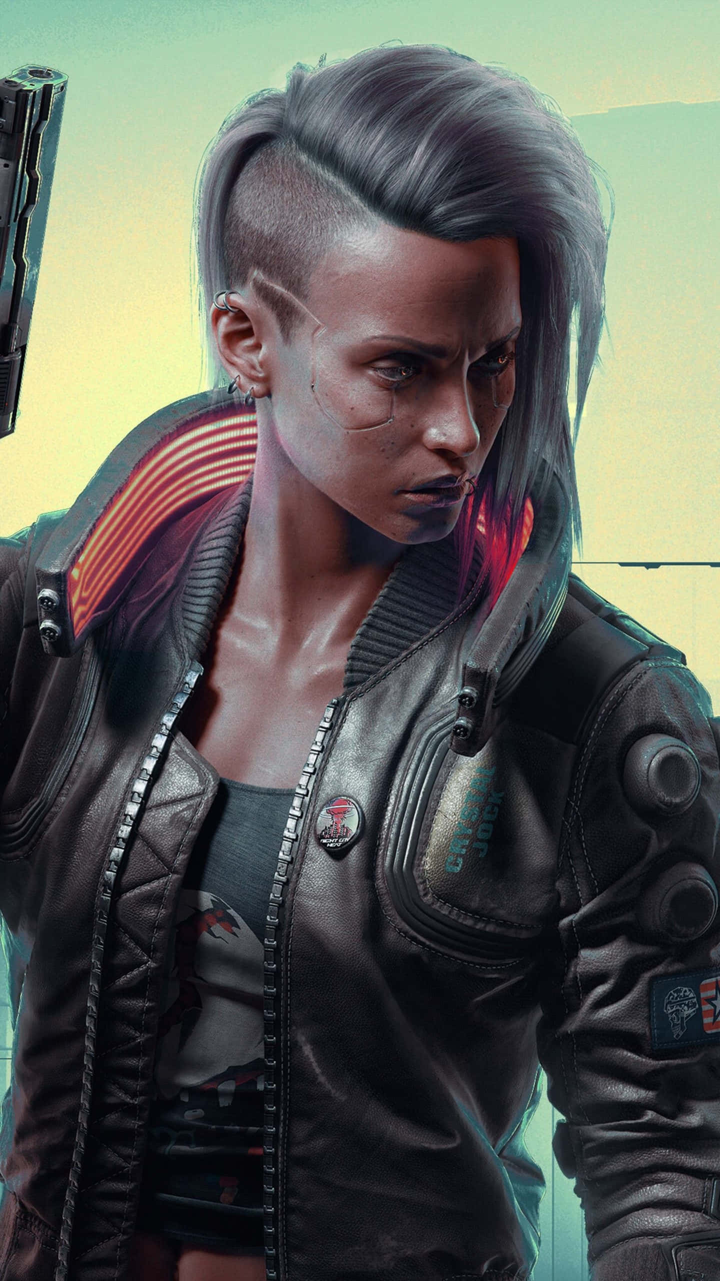 cyberpunk woman, shaved head, glowing jacket, 2K Phone Wallpaper