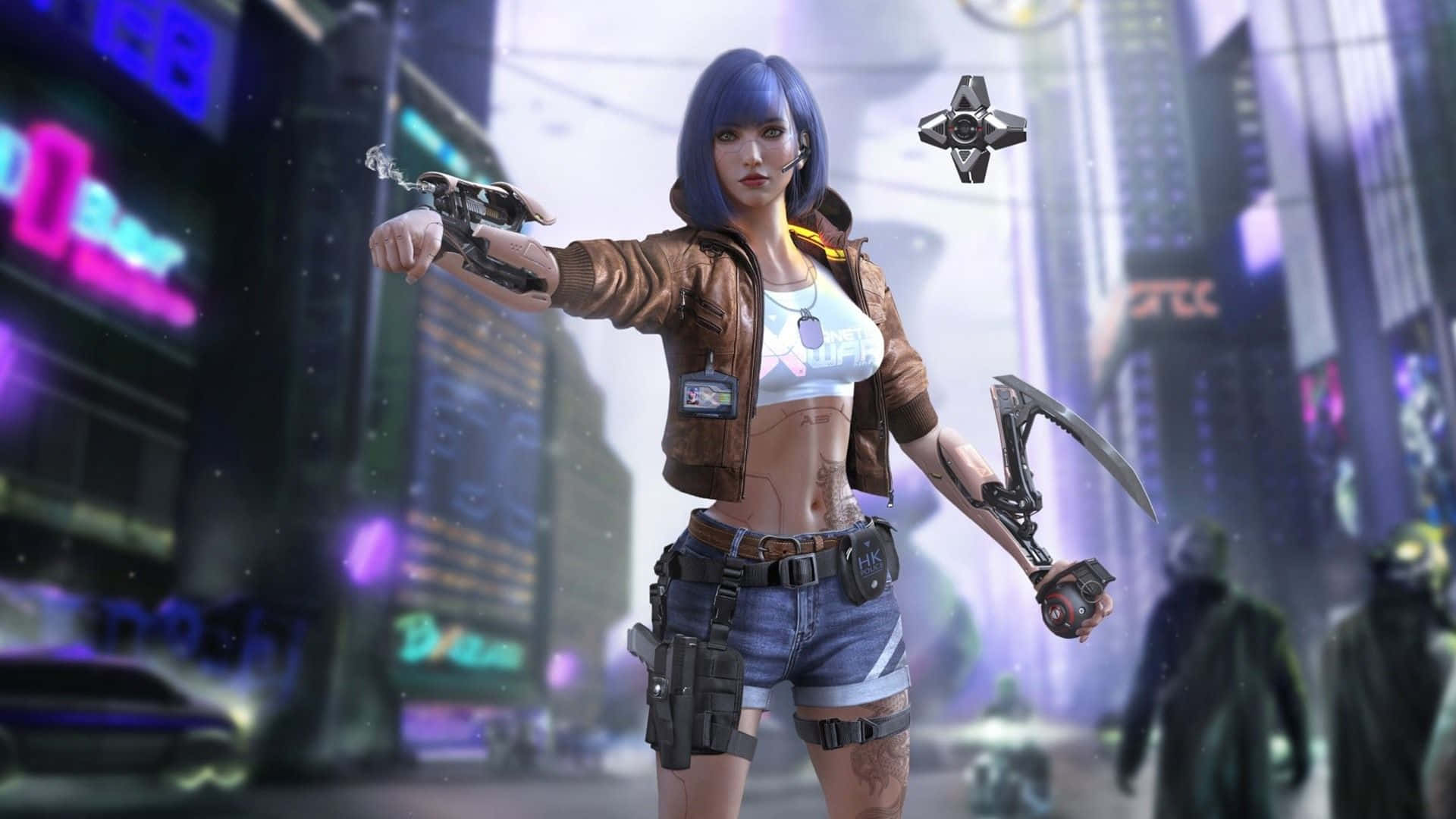 Cyberpunk 2077, blue hair, futuristic weapons, Full HD Desktop Wallpaper