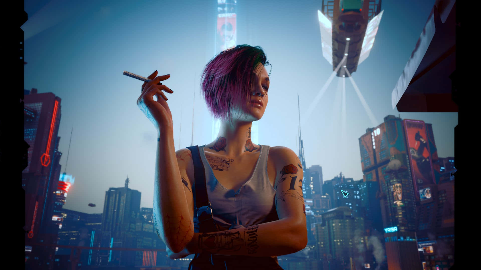 Cyberpunk 2077, purple hair, neon-lit futuristic city skyline, Full HD Desktop Wallpaper