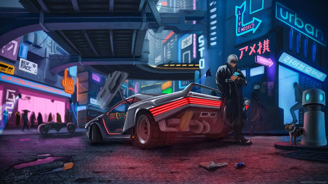 Cyberpunk 2077, trench coat, glowing retro-futuristic car, HD Desktop Wallpaper