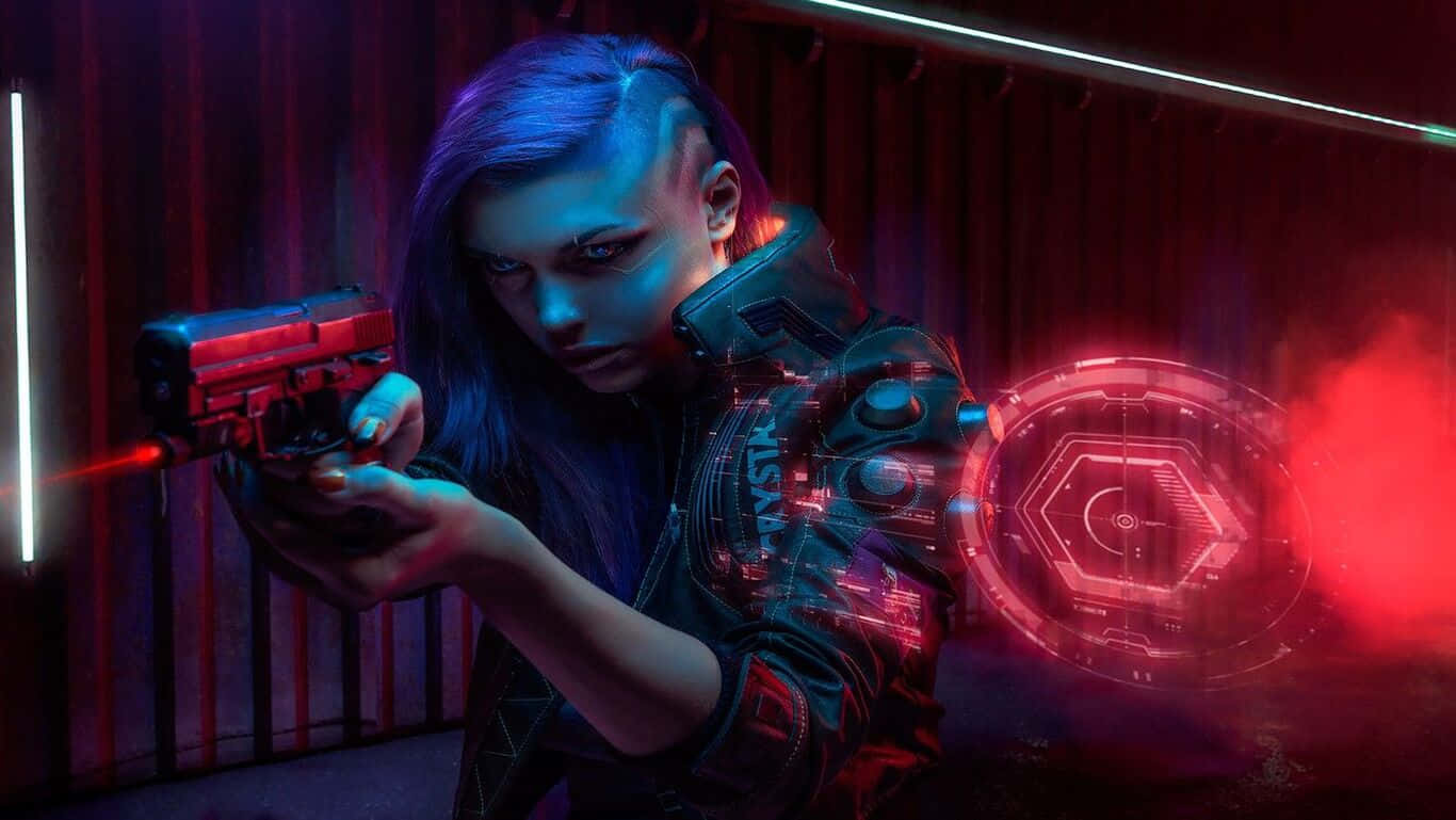 Cyberpunk 2077 HD, blue hair, glowing red laser pistol, HD Desktop Wallpaper