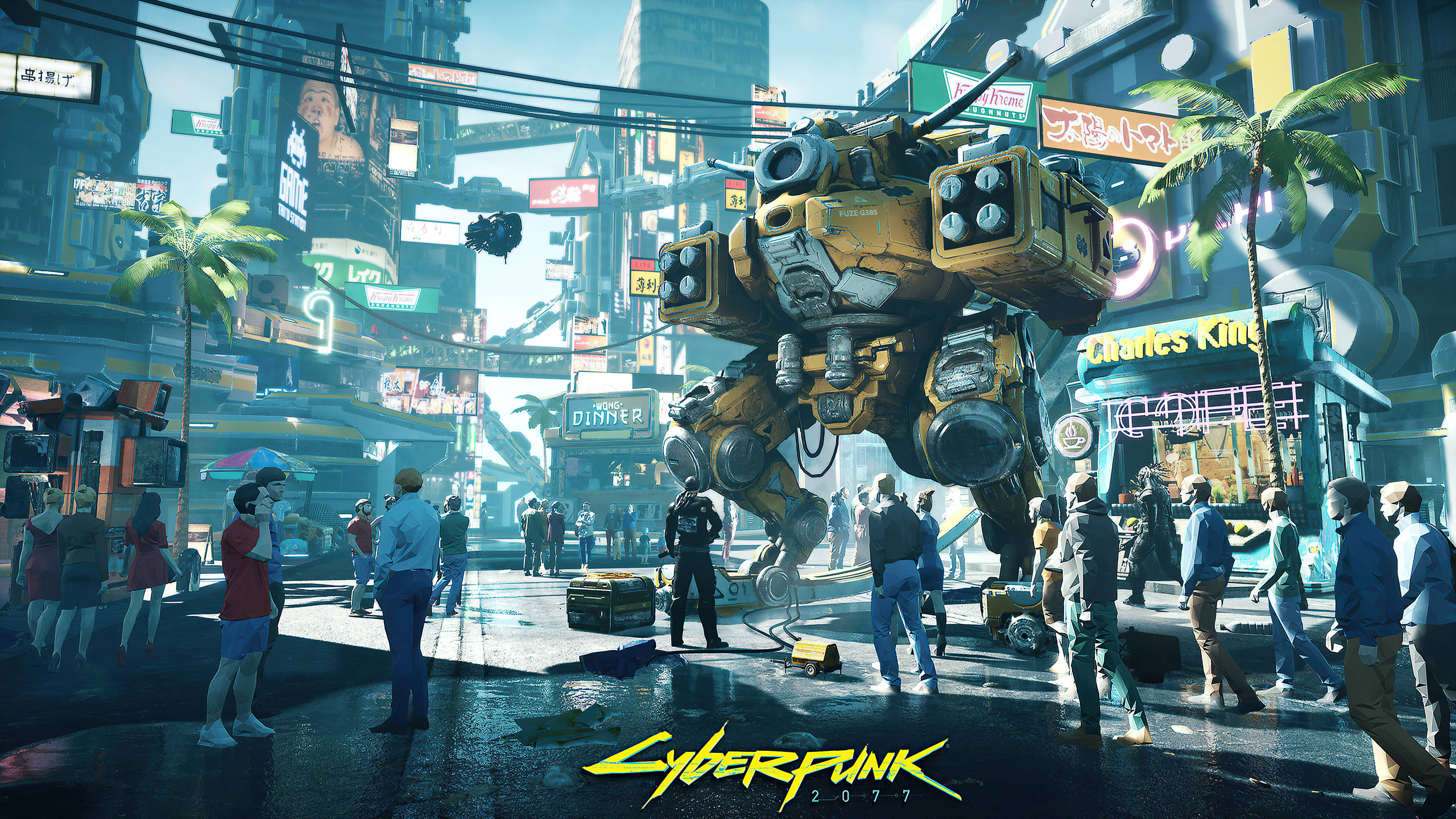 Cyberpunk 2077, neon-drenched cyberpunk street, towering yellow mech, 2K Desktop Wallpaper