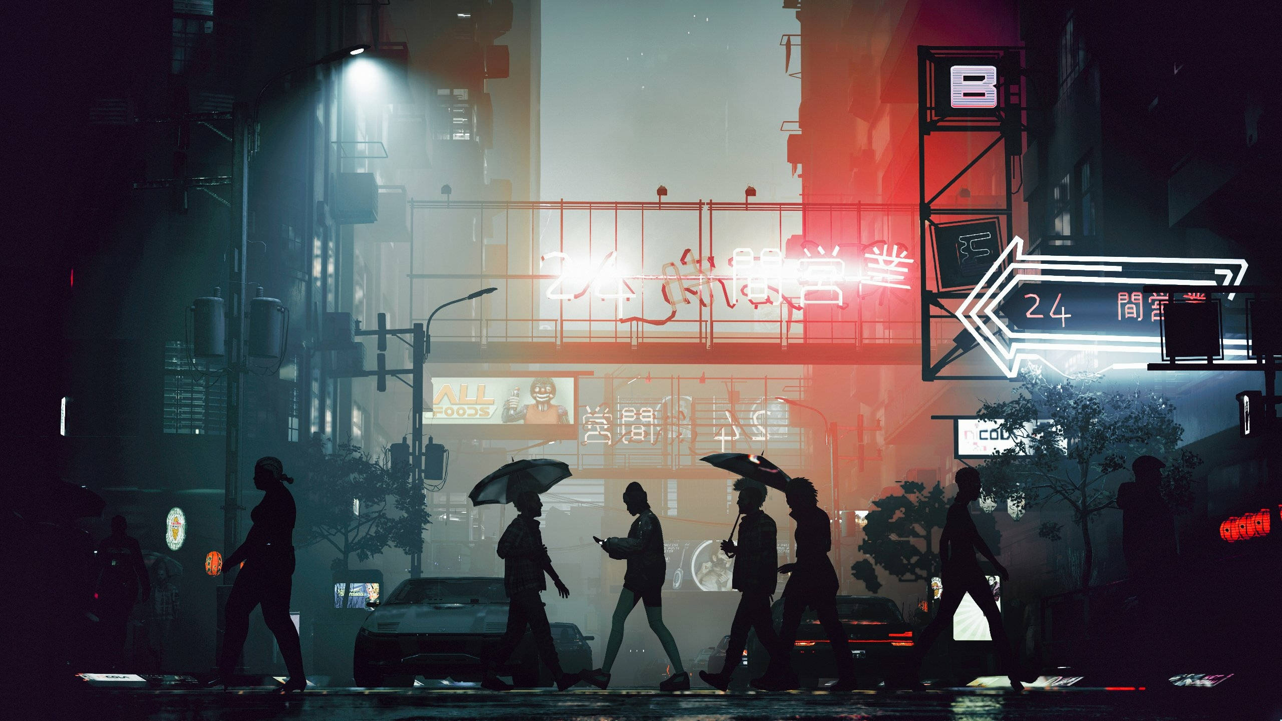 Cyberpunk, 2560x1440, neon-lit city street, 2K Desktop Wallpaper