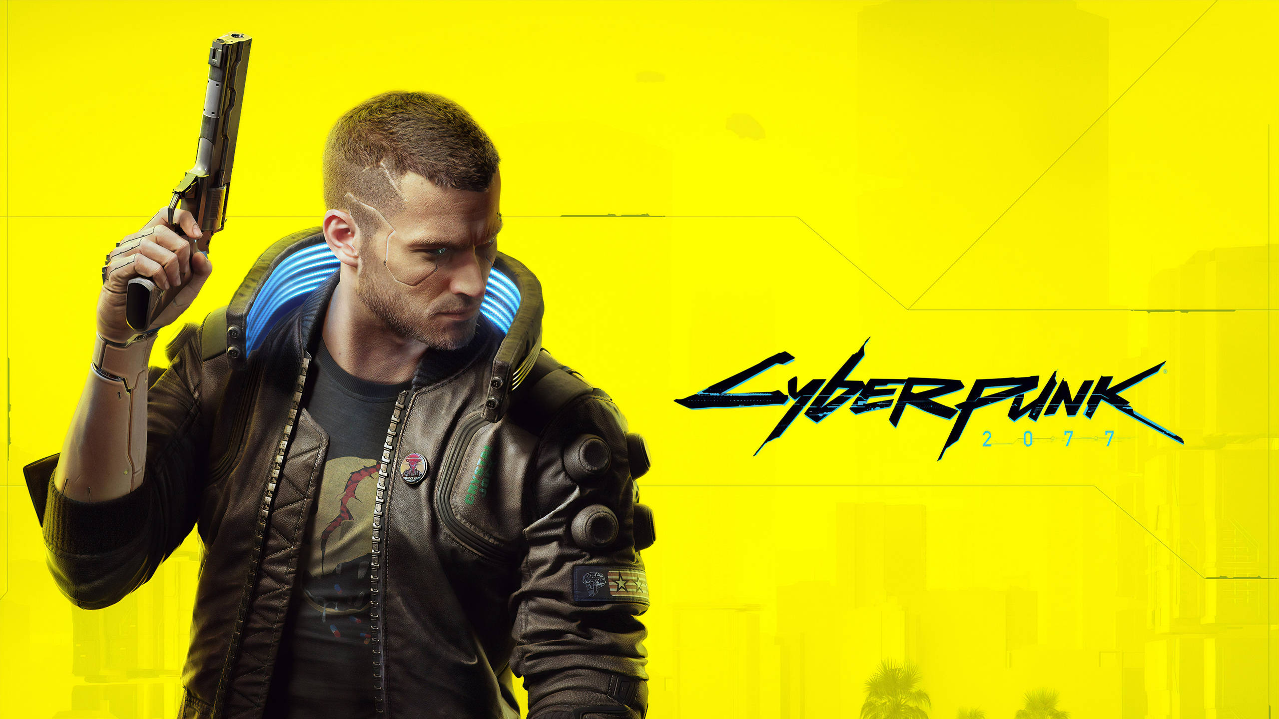Cyberpunk 2077, leather jacket, pistol, 2K Desktop Wallpaper