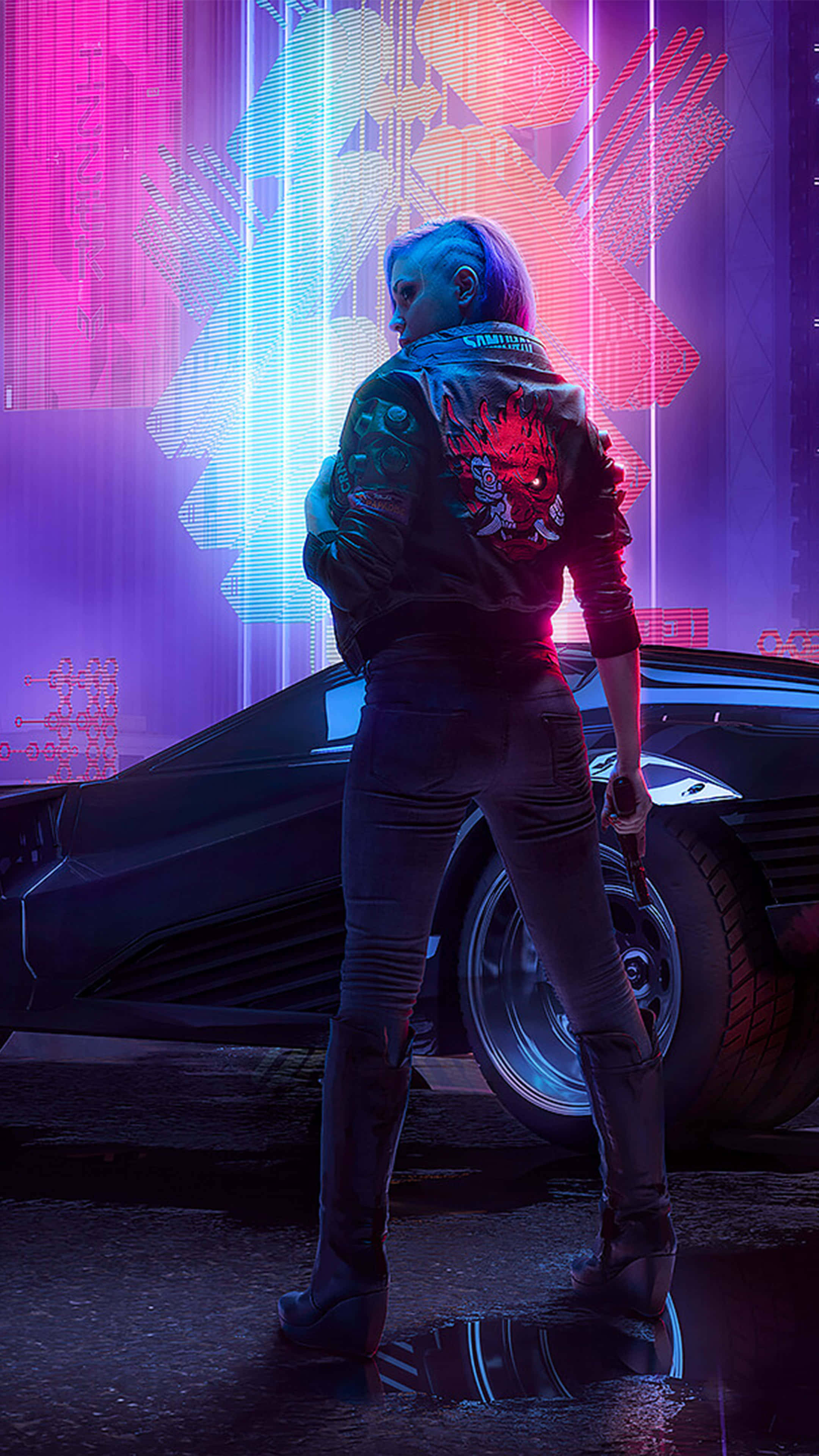 Cyberpunk 2077, blue hair, sleek black car, 4K Phone Wallpaper