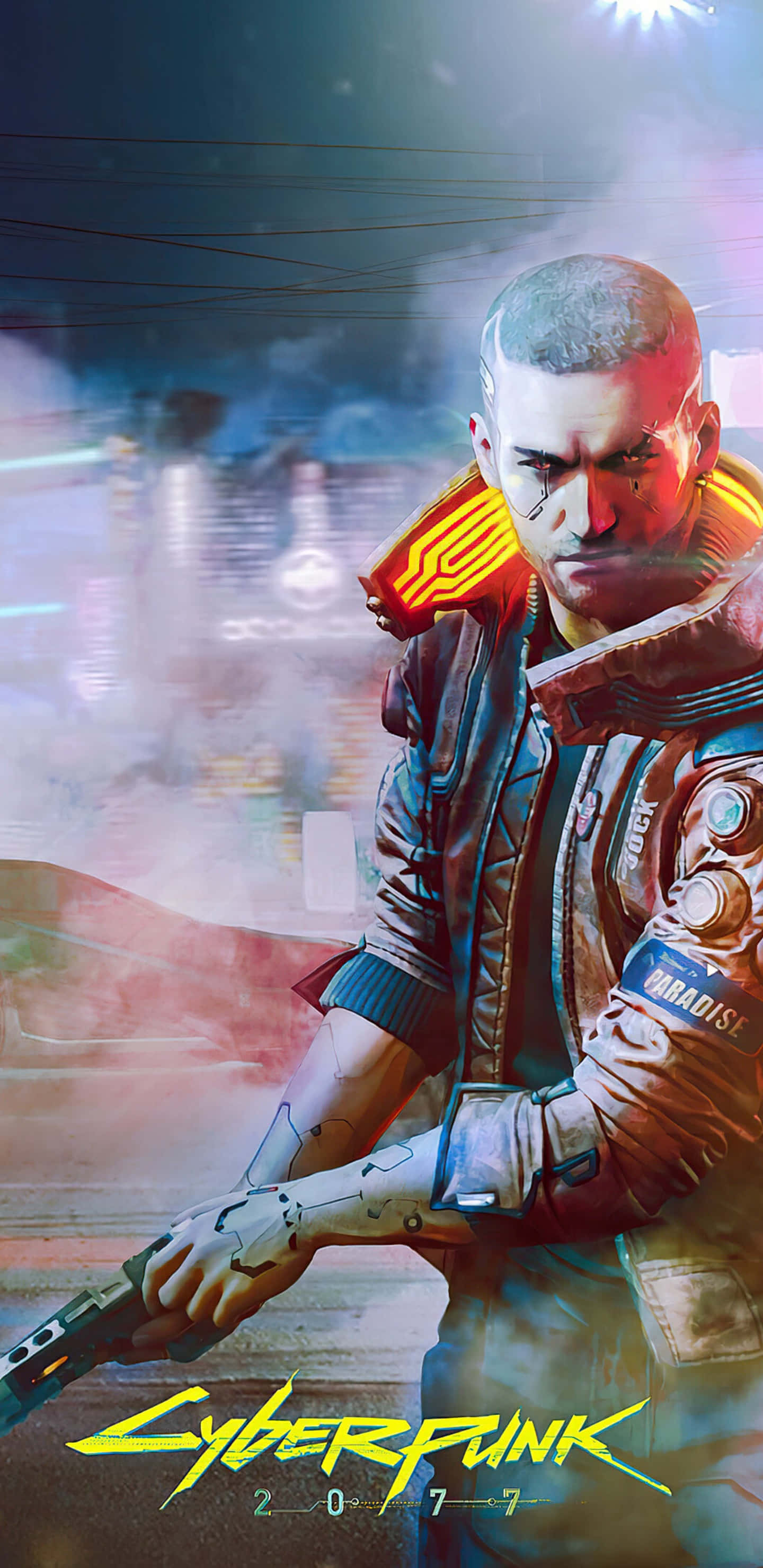 Cyberpunk 2077, cybernetic arm, glowing shoulder armor, 2K Phone Wallpaper