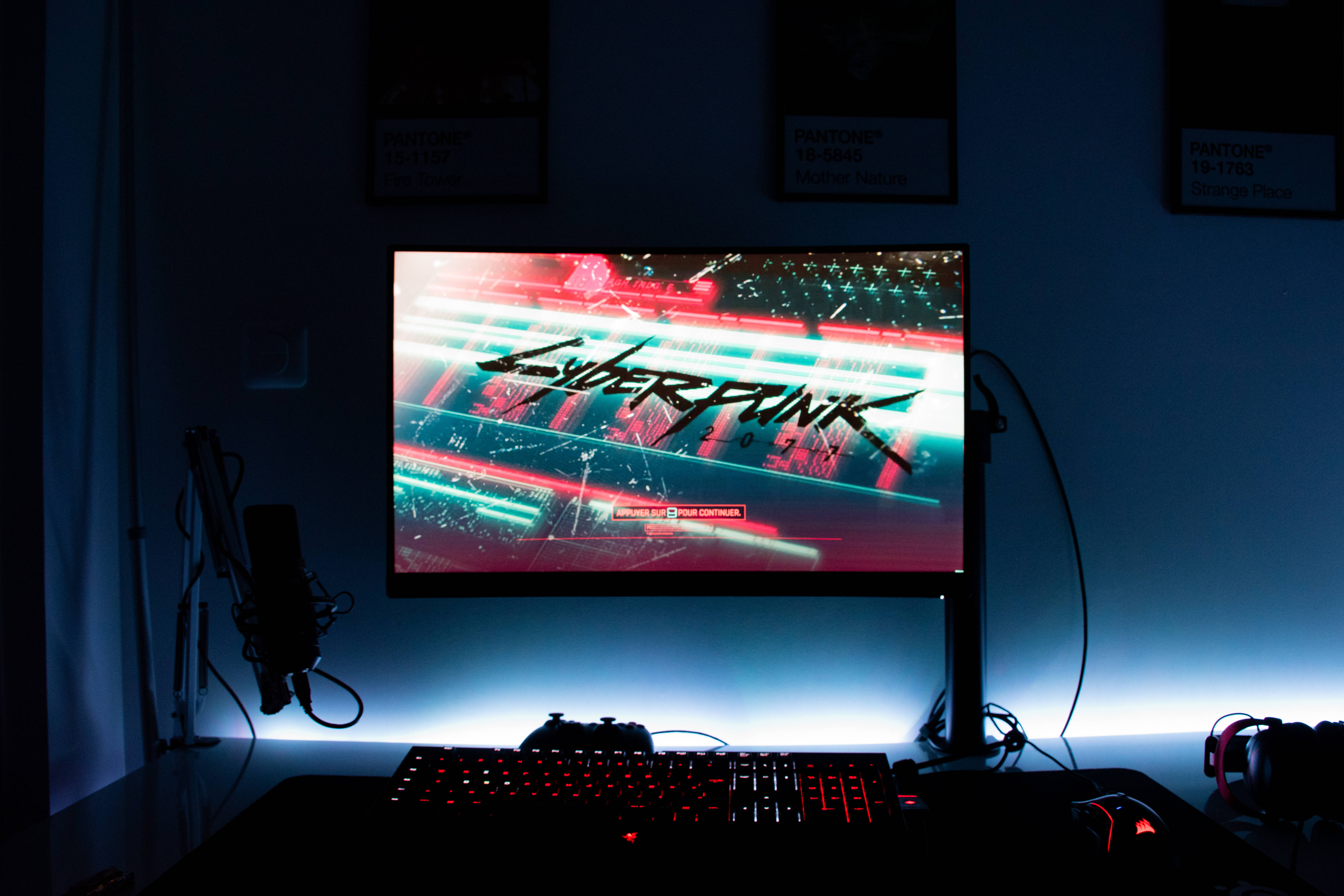 Cyberpunk 2077, gaming setup, glowing monitor, 5K Desktop Wallpaper