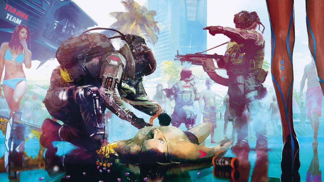 Cyberpunk 2077, neon-drenched tropical cityscape, Cyberpunk soldiers, HD Desktop Wallpaper