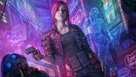 Cyberpunk 2077, pink hair, neon-drenched futuristic cityscape, SD Desktop Wallpaper