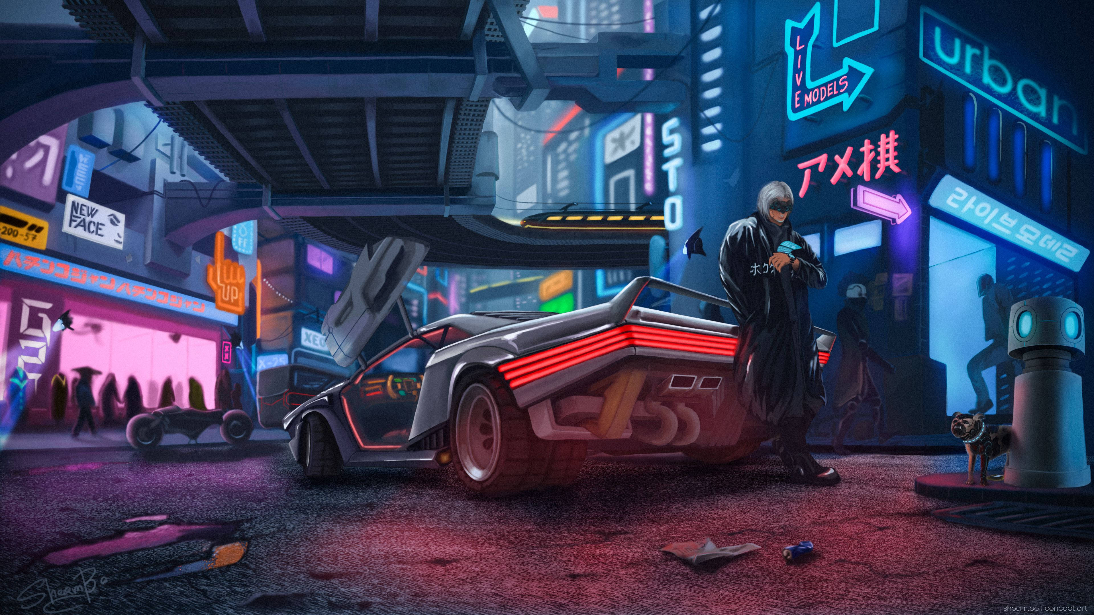 Cyberpunk 2077, trench coat, glowing futuristic car, 4K Desktop Wallpaper