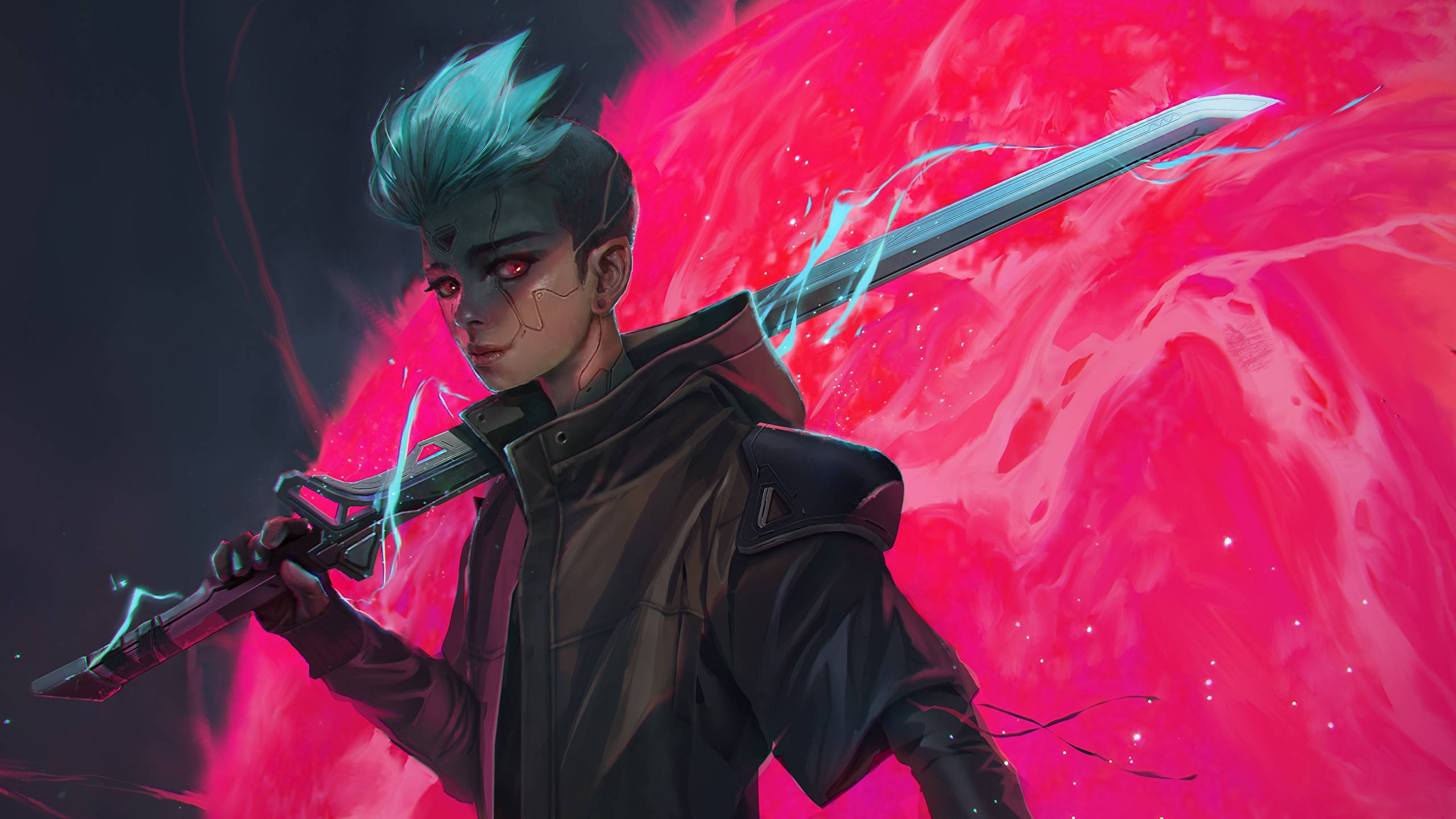 cyberpunk, electric blue hair, glowing red eyes, 2K Desktop Wallpaper