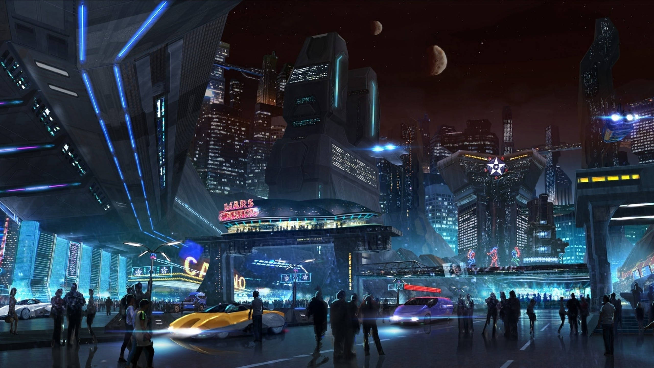 Neon Lights, Futuristic Cityscape, Towering Skyscrapers, 2K Desktop Wallpaper