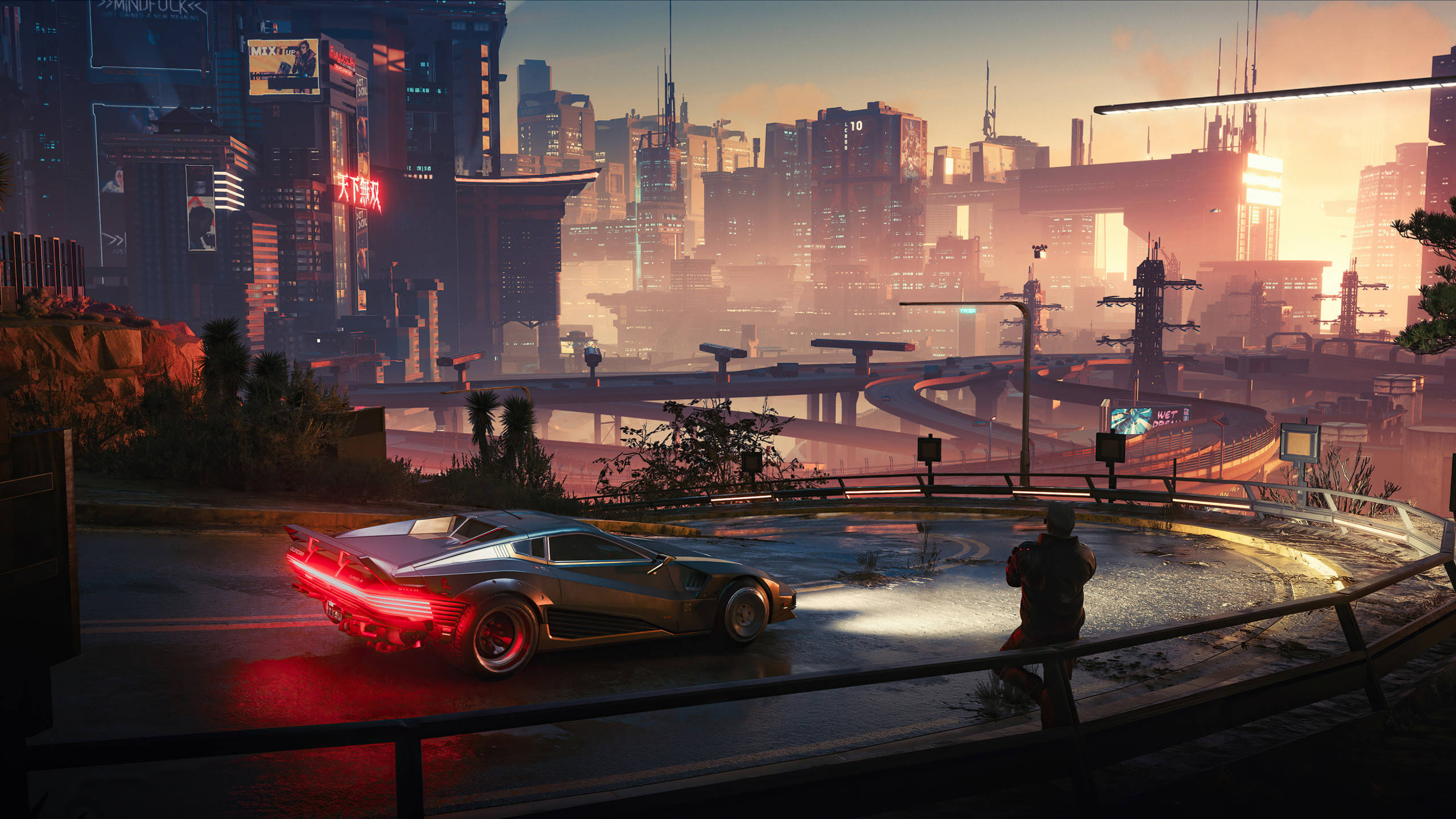 2560x1440, neon-lit cyberpunk cityscape, glowing red taillights, 2K Desktop Wallpaper