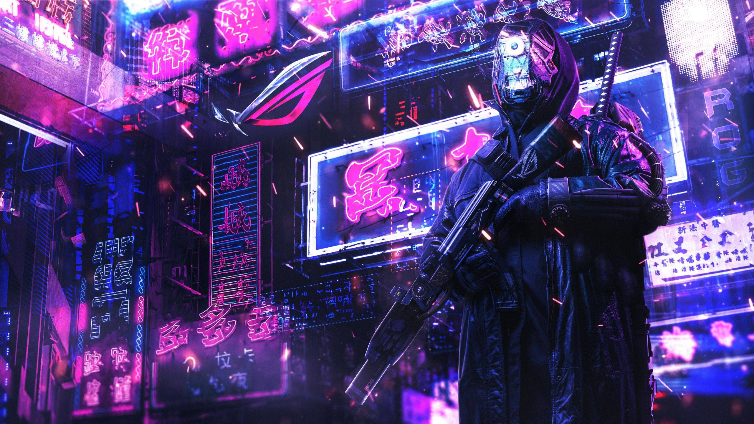cyberpunk, hooded cyberpunk warrior, glowing skull mask, 2K Desktop Wallpaper