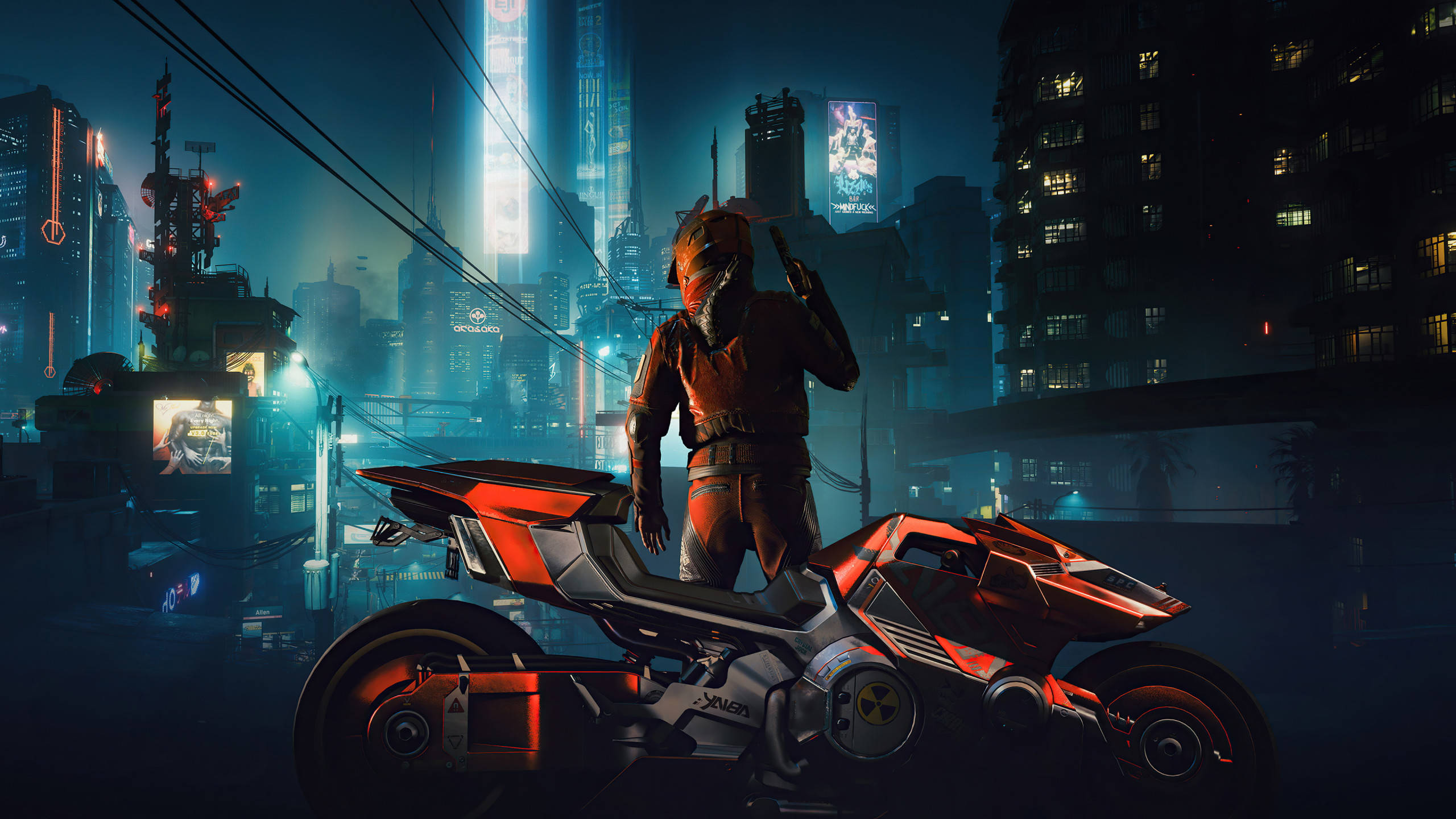 cyberpunk, 2560x1440, glowing red motorcycle, 2K Desktop Wallpaper