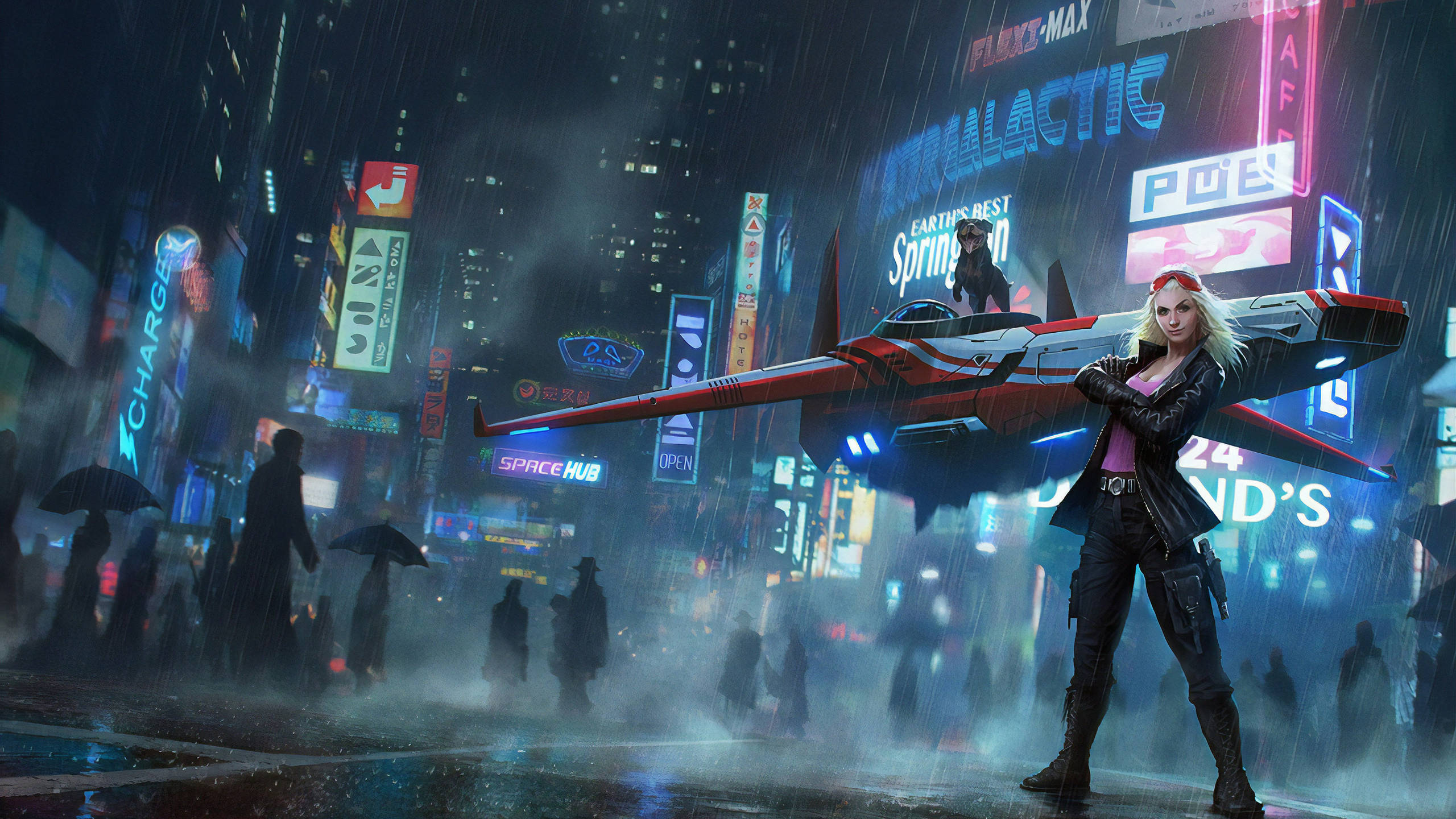 Cyberpunk 2560x1440, neon-lit rainy cyberpunk city street, night, 2K Desktop Wallpaper