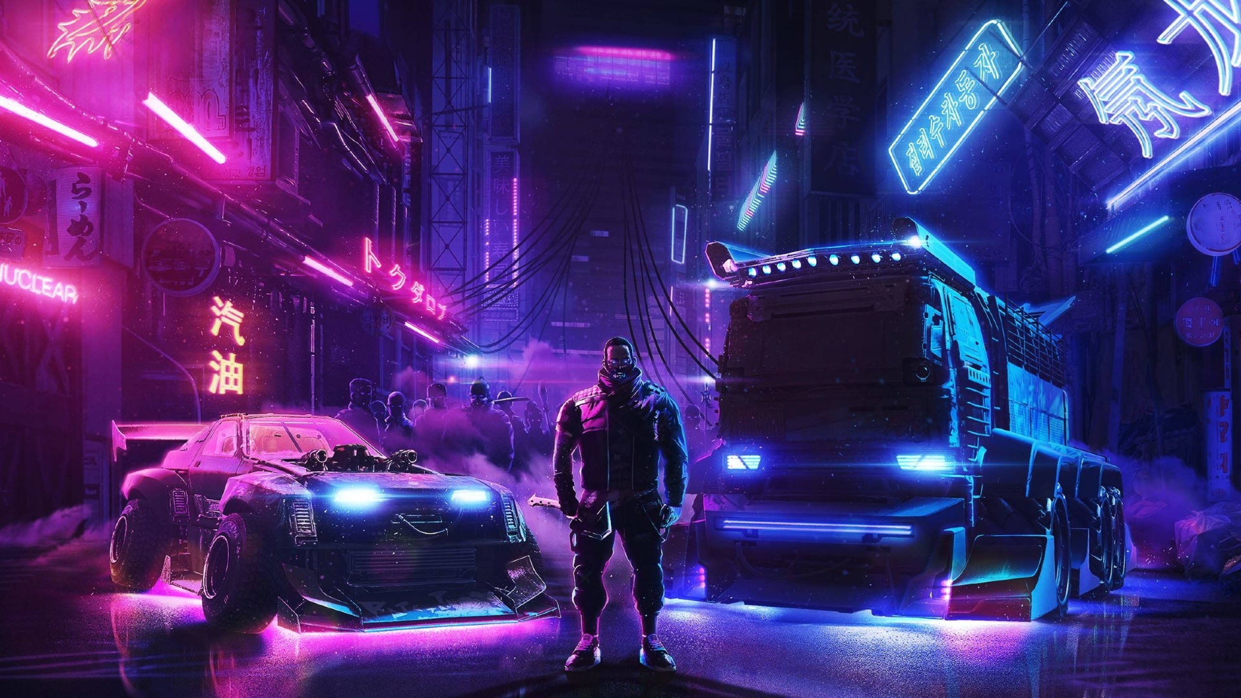 Cyberpunk 2560x1440, neon-drenched cyberpunk alleyway, glowing futuristic vehicles, 2K Desktop Wallpaper