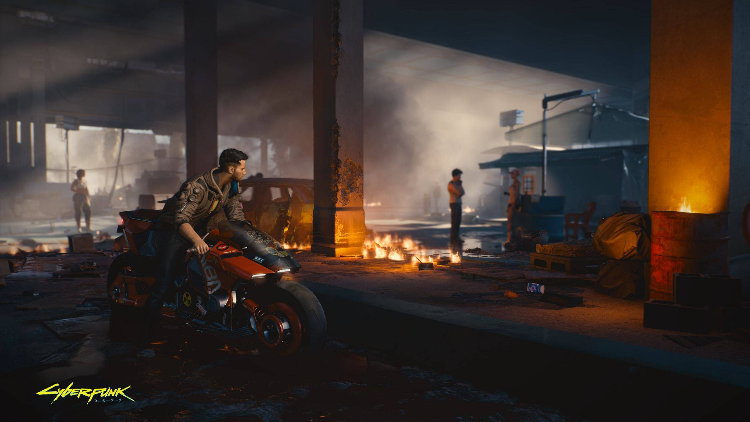 cyberpunk, glowing orange motorcycle, neon-lit warehouse, 2K Desktop Wallpaper