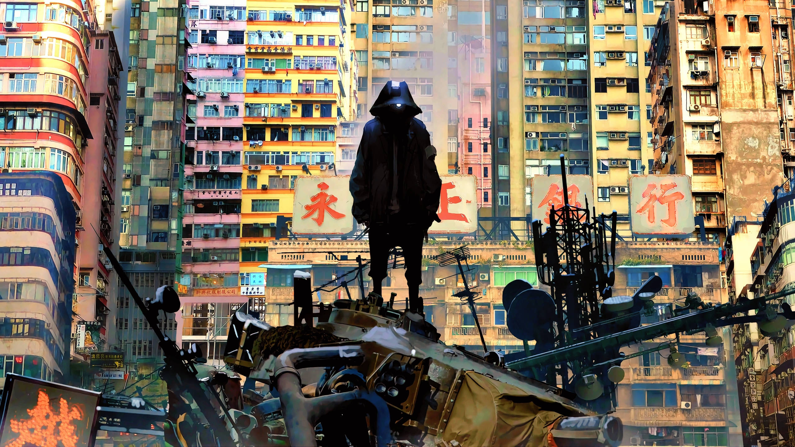 Cyberpunk, 2560x1440, hooded figure, 2K Desktop Wallpaper