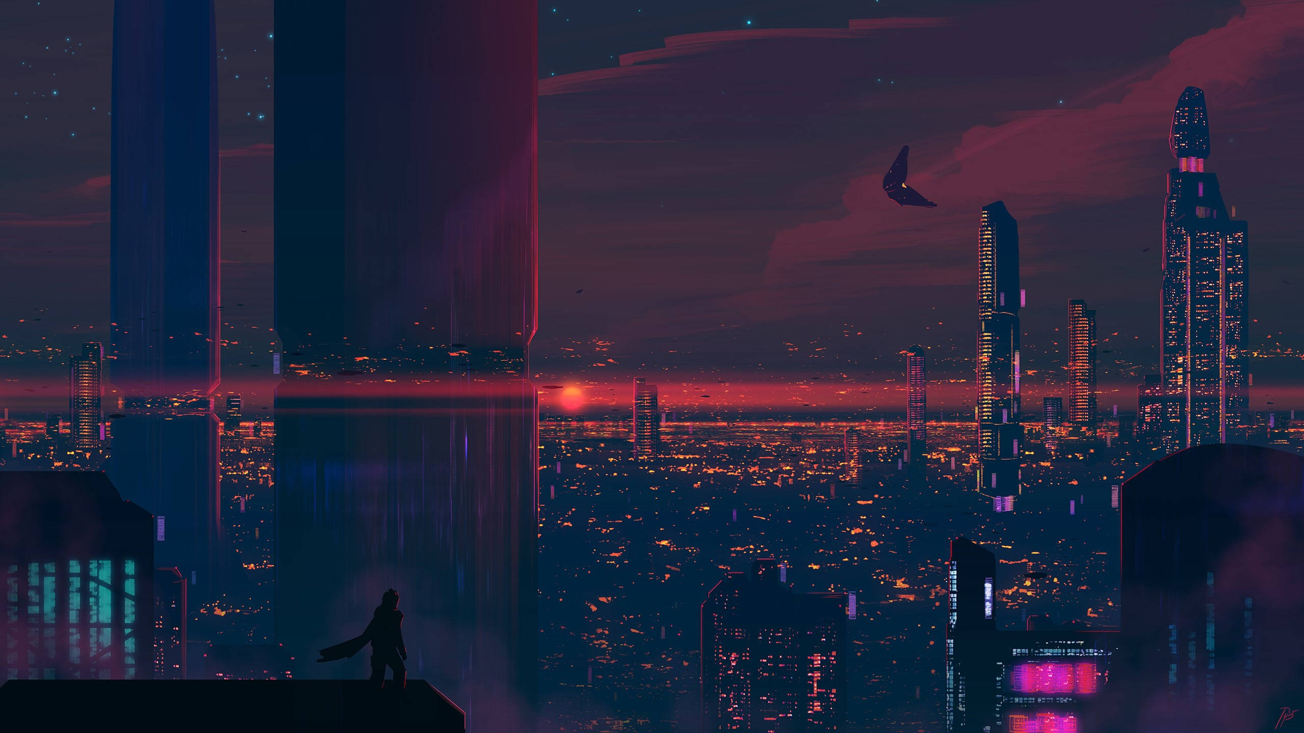 Cyberpunk, 2560x1440, skyscraper, 2K Desktop Wallpaper