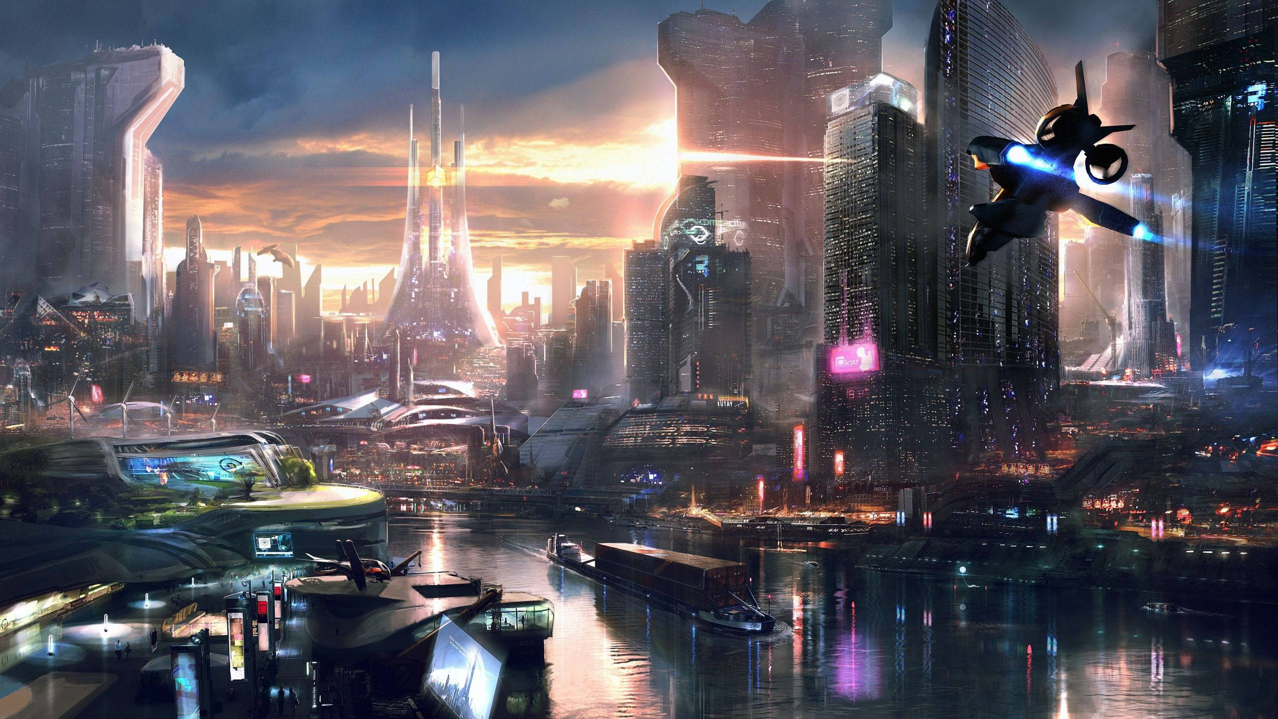 Cyberpunk 2560x1440, sunset, towering skyscrapers, 2K Desktop Wallpaper