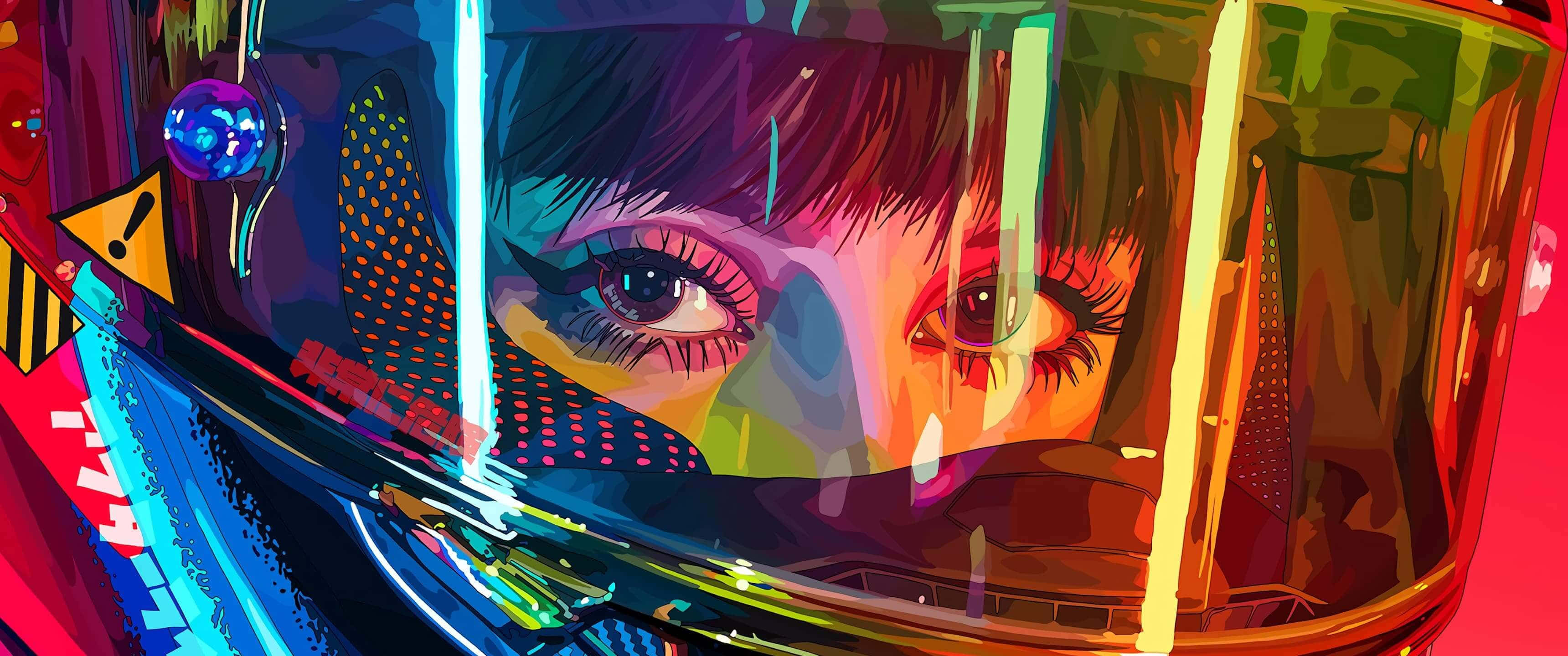 Cyberpunk 3440x1440, neon reflections, helmet visor, 2K Desktop Wallpaper