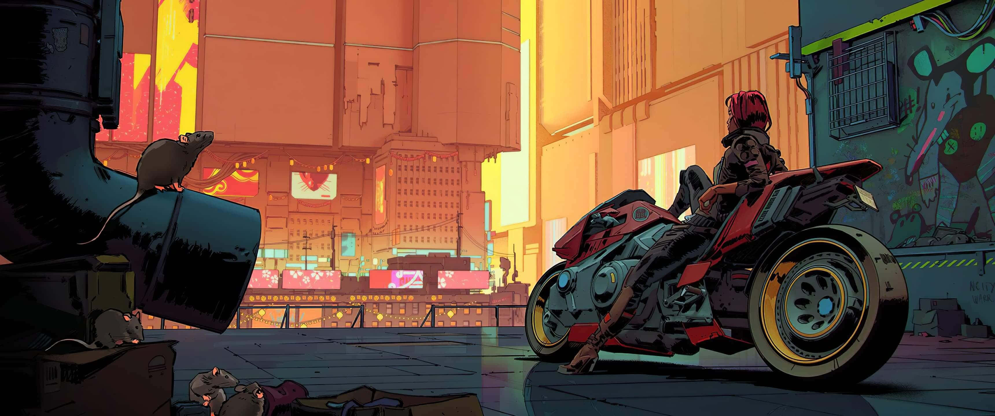 cyberpunk, 3440x1440, red motorcycle, 2K Desktop Wallpaper