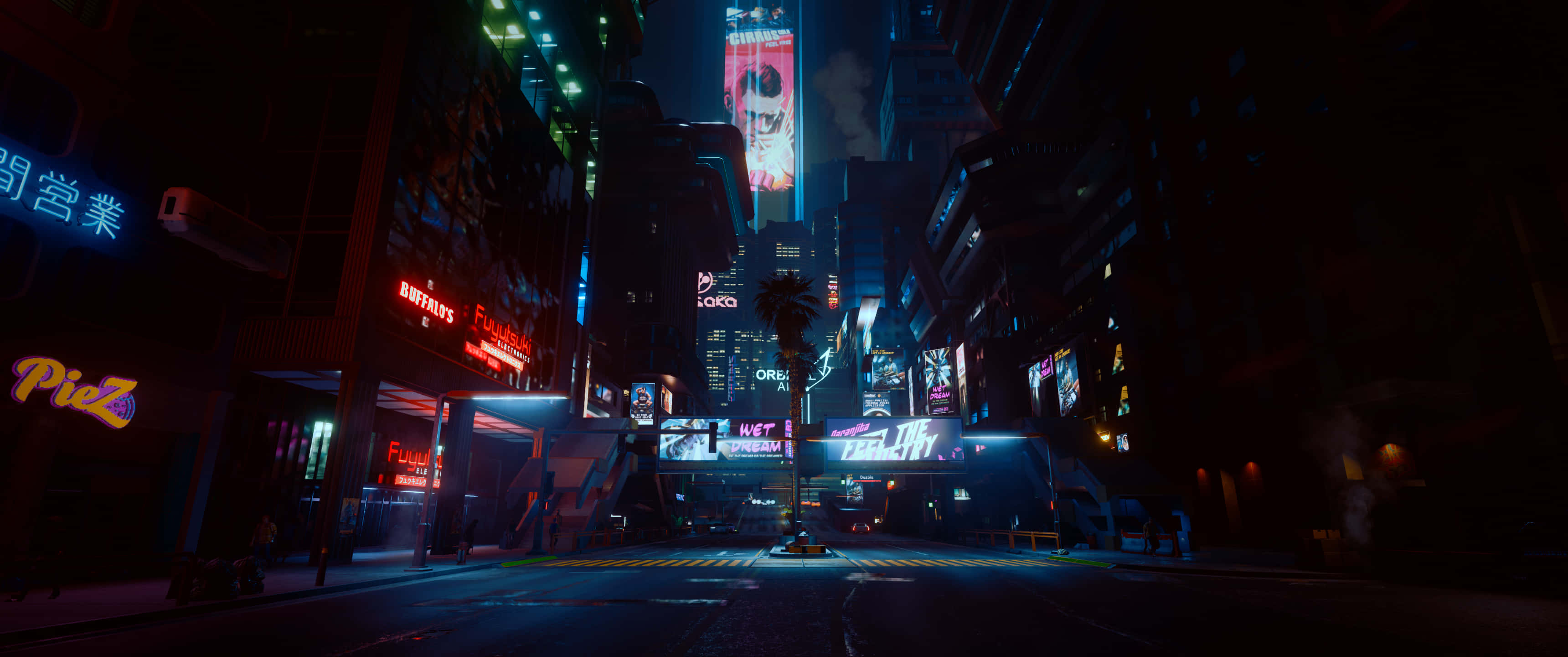 Cyberpunk 3440x1440, neon-lit urban street, towering buildings, 2K Desktop Wallpaper