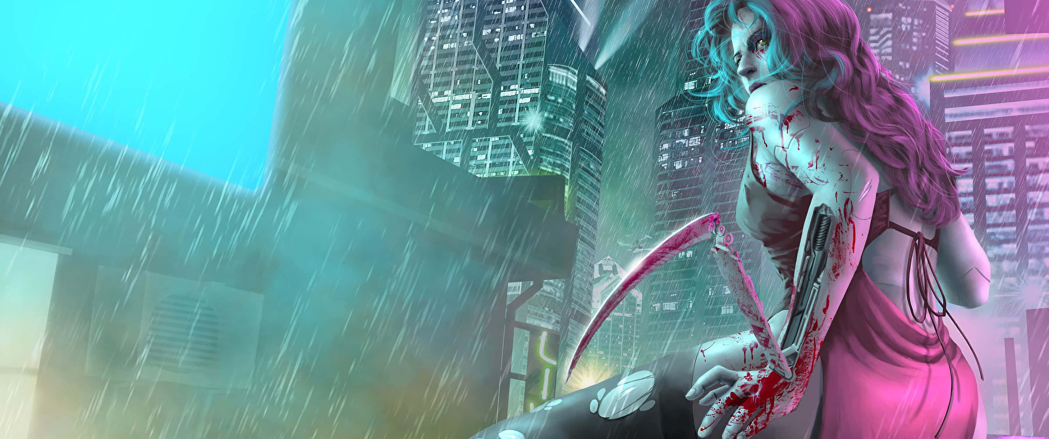 Cyberpunk 3440x1440, neon-drenched rainy cyberpunk cityscape, purple hair, 2K Desktop Wallpaper