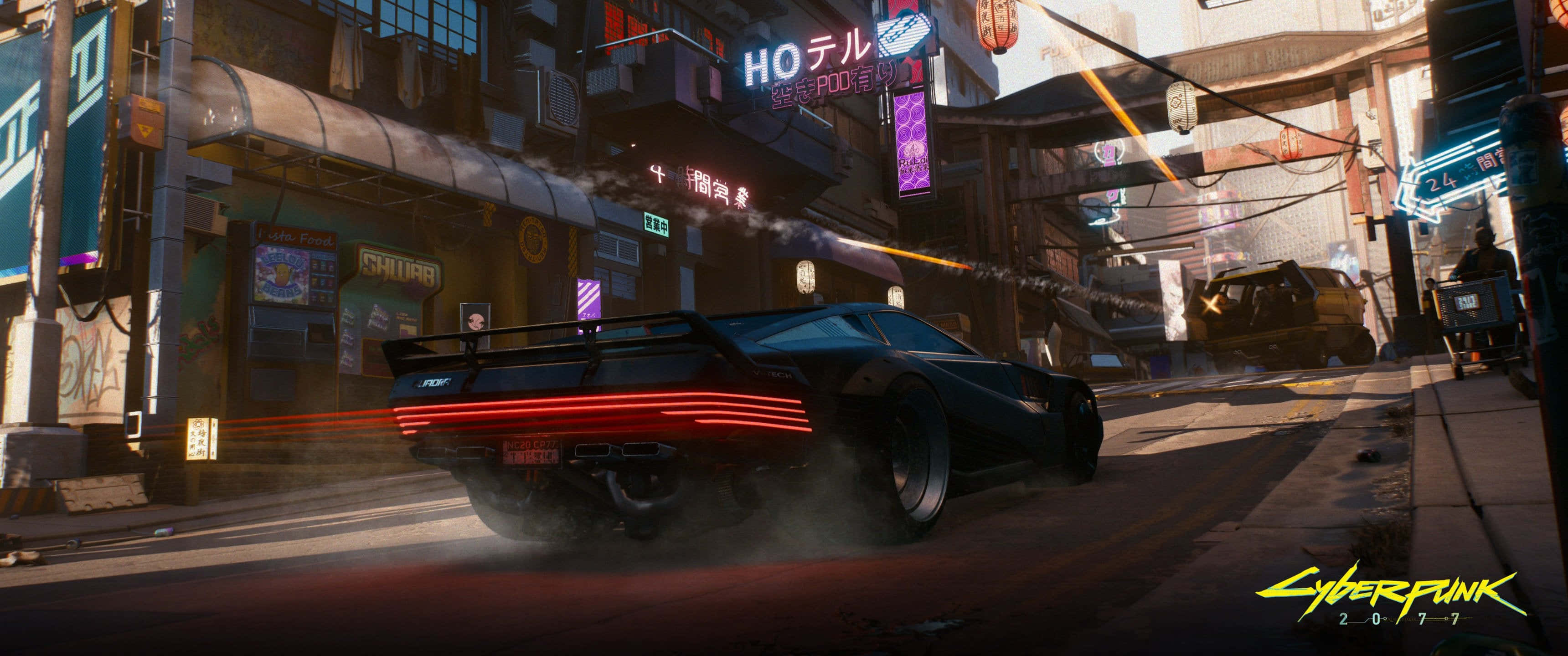 Cyberpunk 3440x1440, sleek black sports car, glowing red taillights, 2K Desktop Wallpaper
