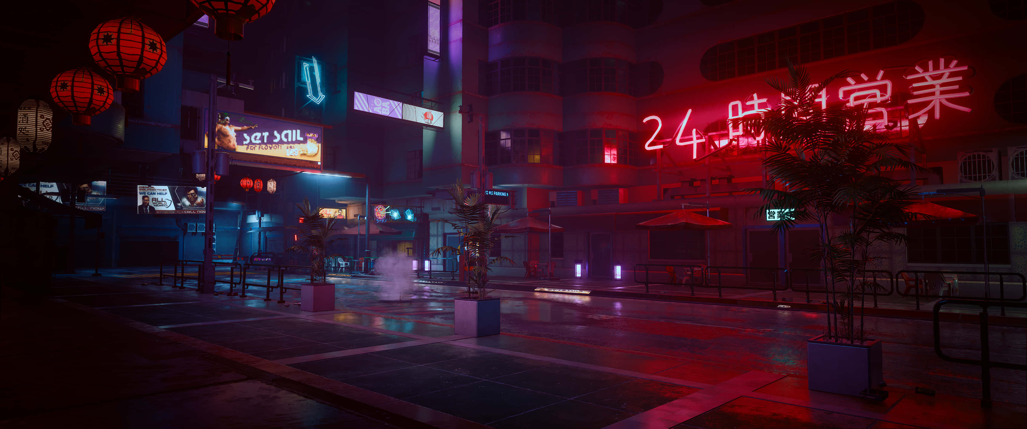 neon-lit urban street, night, glowing signs, 2K Desktop Wallpaper