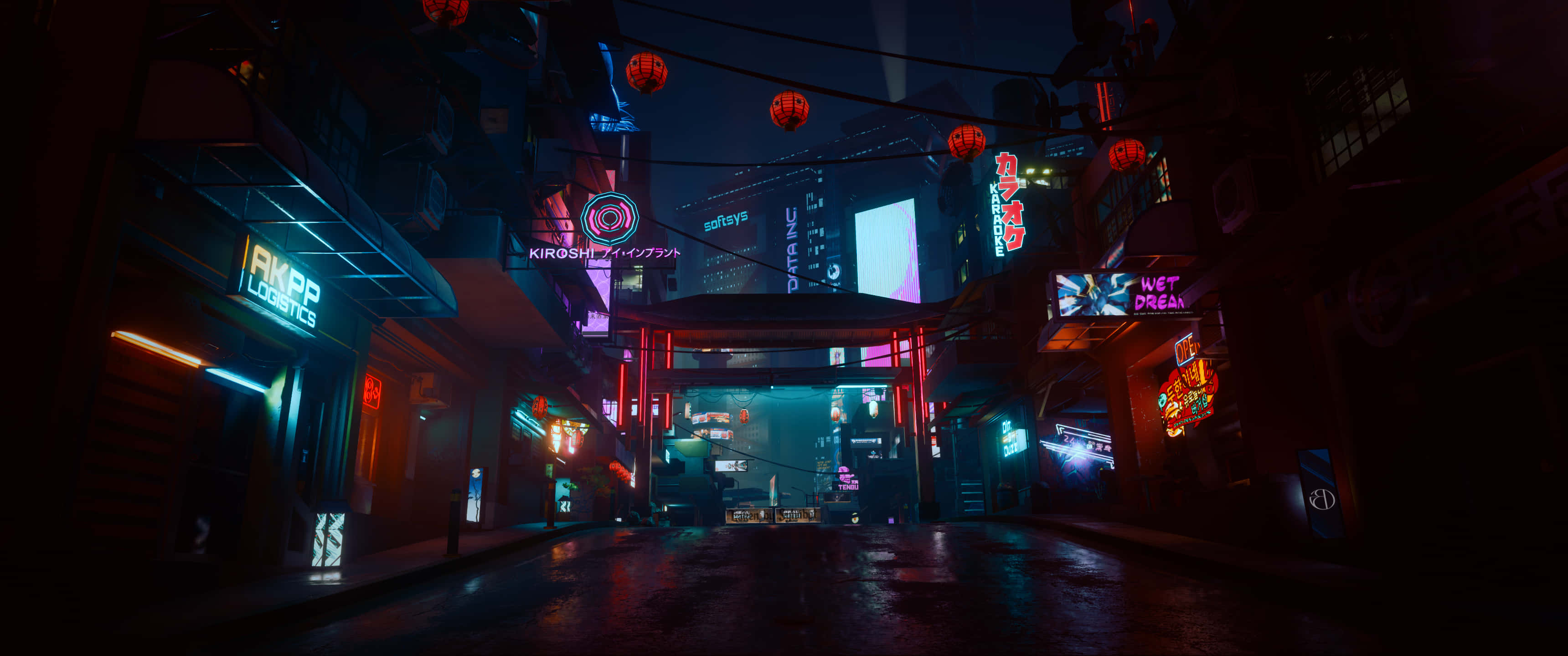 neon lights, neon signs, rain-slicked alleyway, 2K Desktop Wallpaper