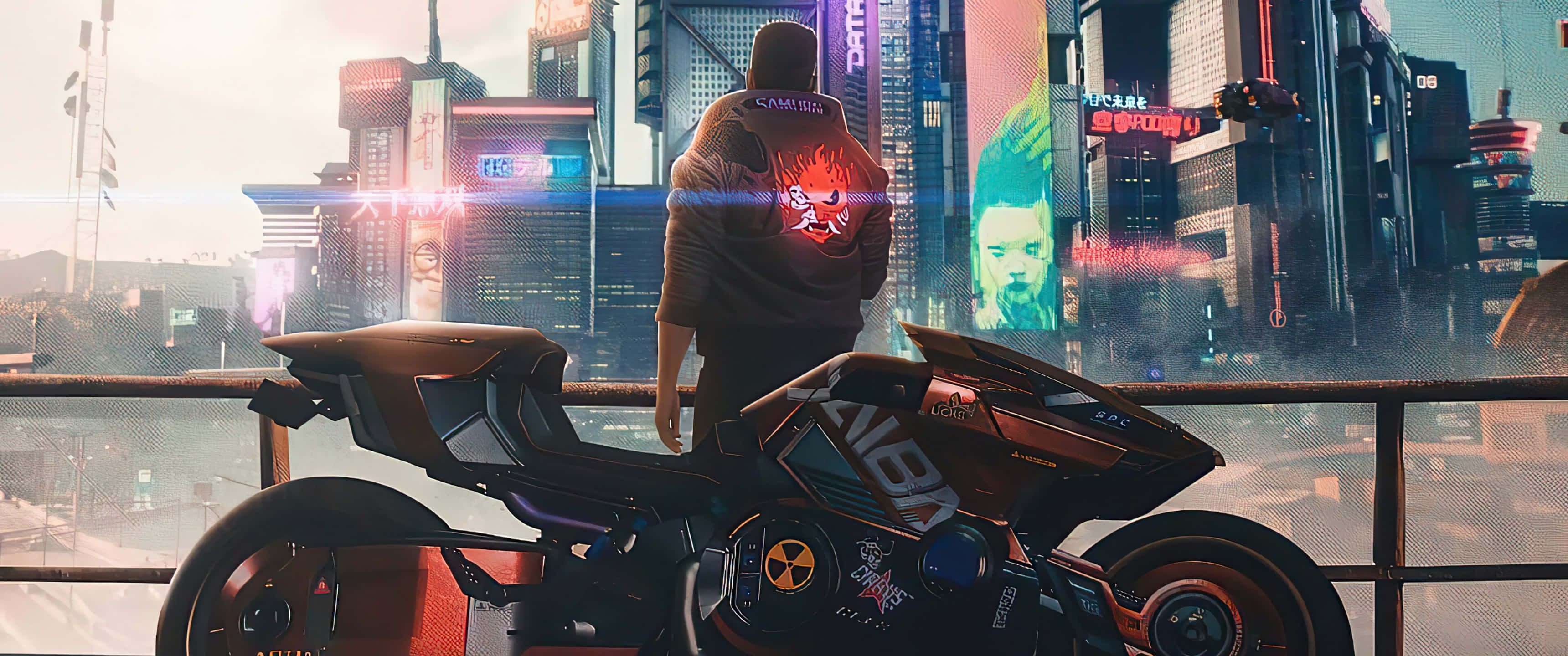 Cyberpunk 3440x1440, hoodie, futuristic motorcycle, 2K Desktop Wallpaper