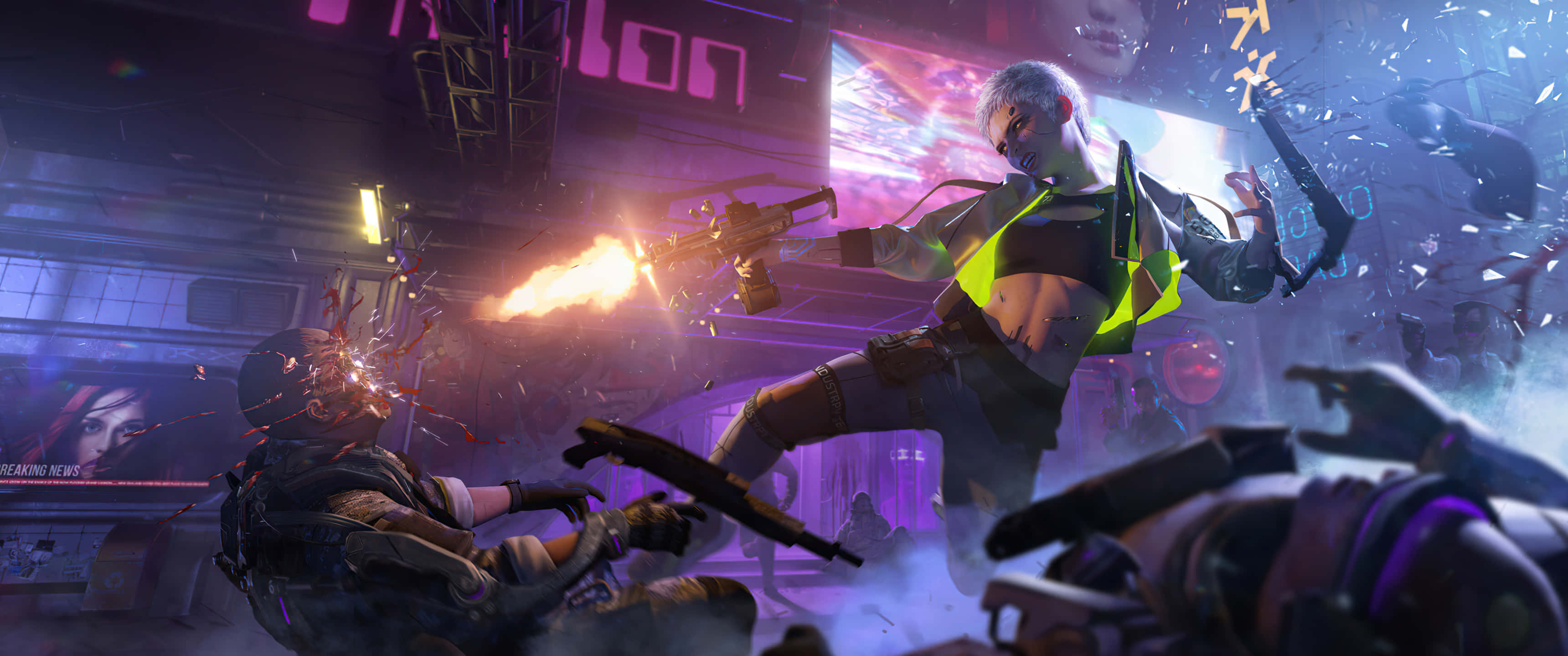 cyberpunk warrior, neon green accents, smoky futuristic cityscape, 2K Desktop Wallpaper