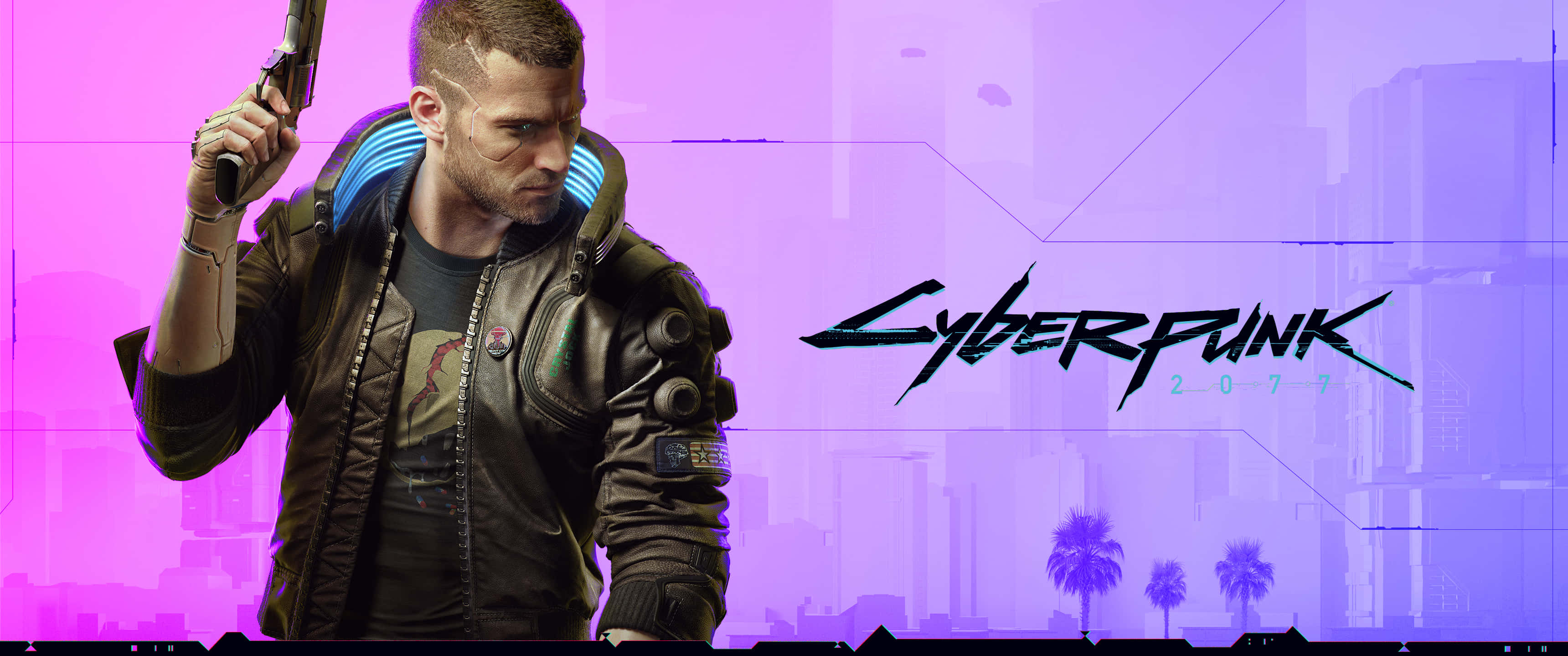 Cyberpunk 3440x1440, neon purple city skyline, leather jacket, 2K Desktop Wallpaper