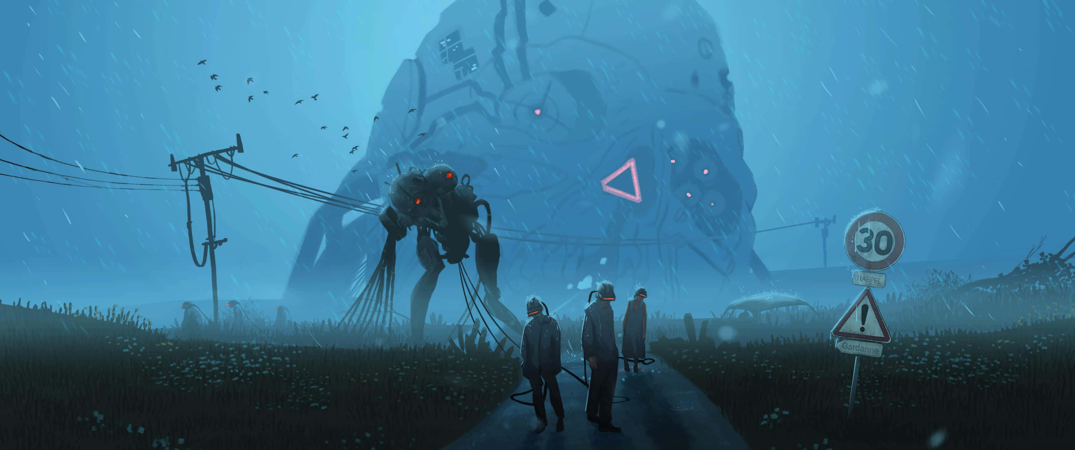 Cyberpunk 3440x1440, neon lights, rain-slicked road, 2K Desktop Wallpaper