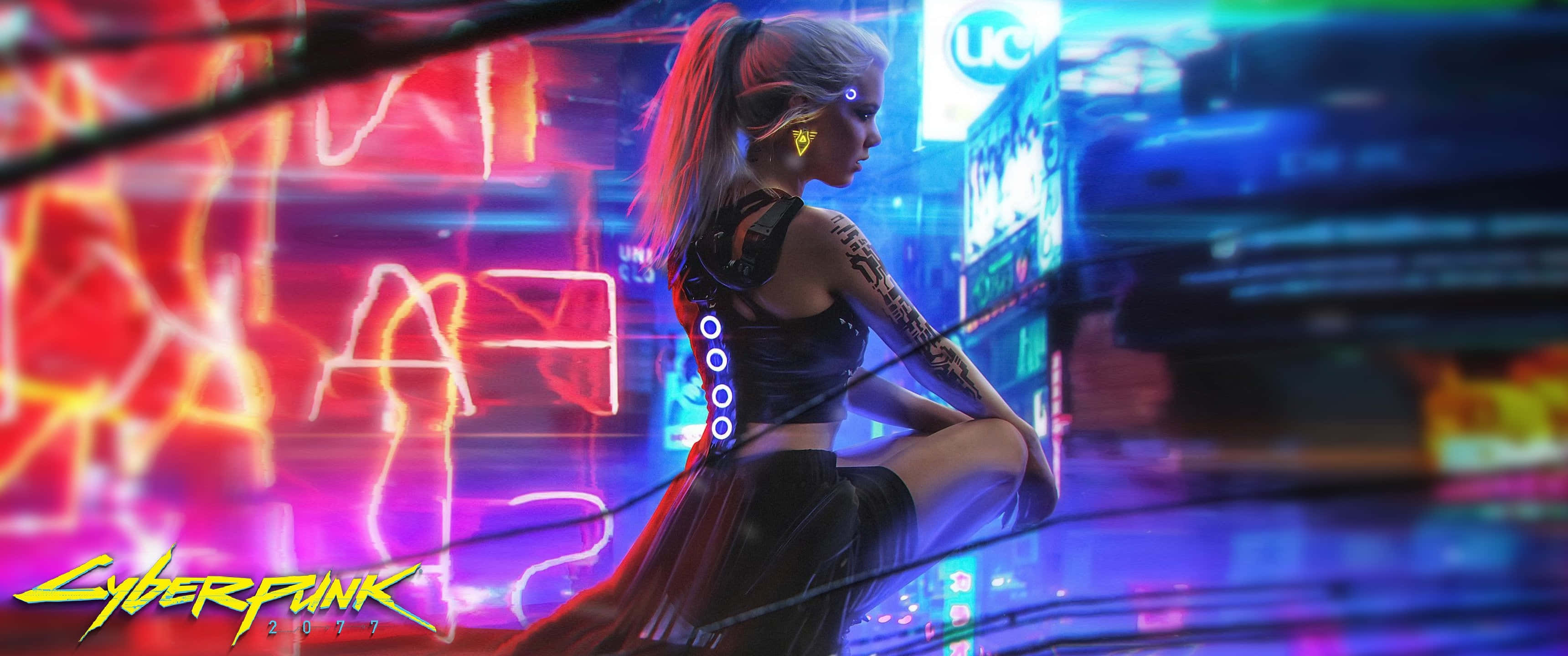 cyberpunk, neon-lit city chaos, glowing cybernetics, 2K Desktop Wallpaper