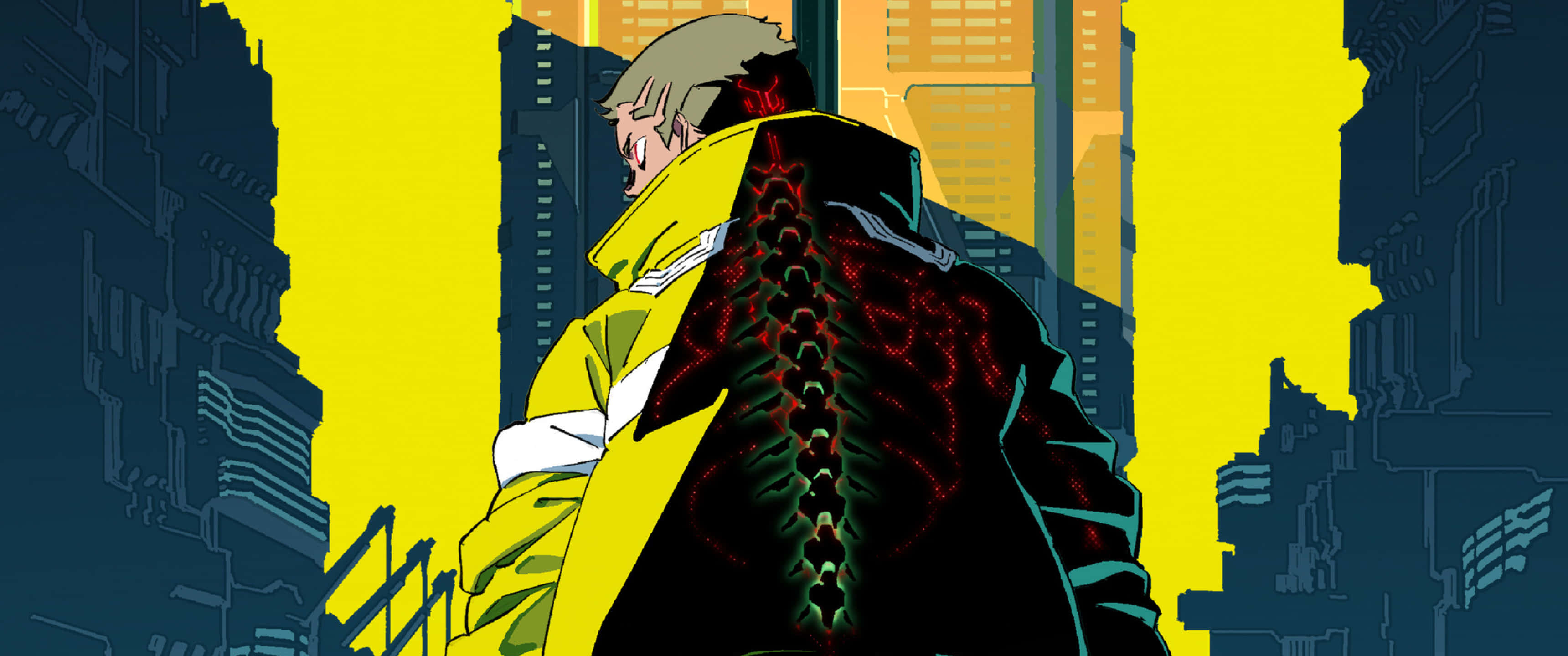 Cyberpunk 3440x1440, neon-lit futuristic cityscape, glowing red markings, 2K Desktop Wallpaper