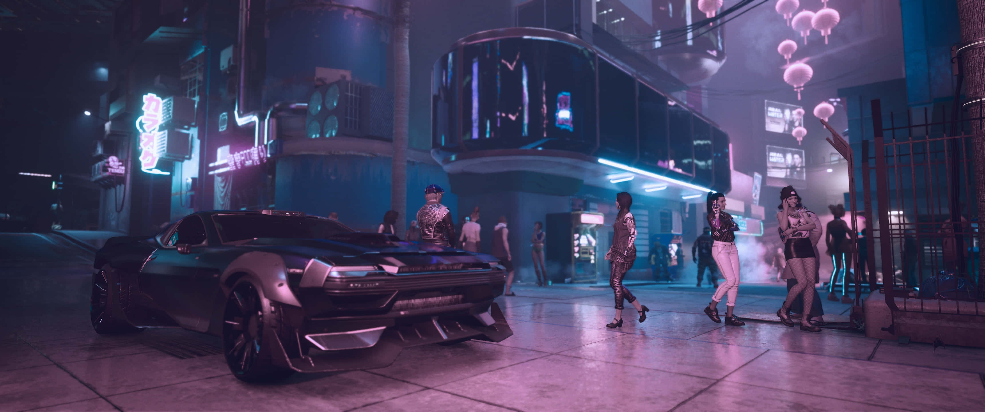 Cyberpunk 3440x1440, neon lights, bustling cyberpunk city street, 2K Desktop Wallpaper