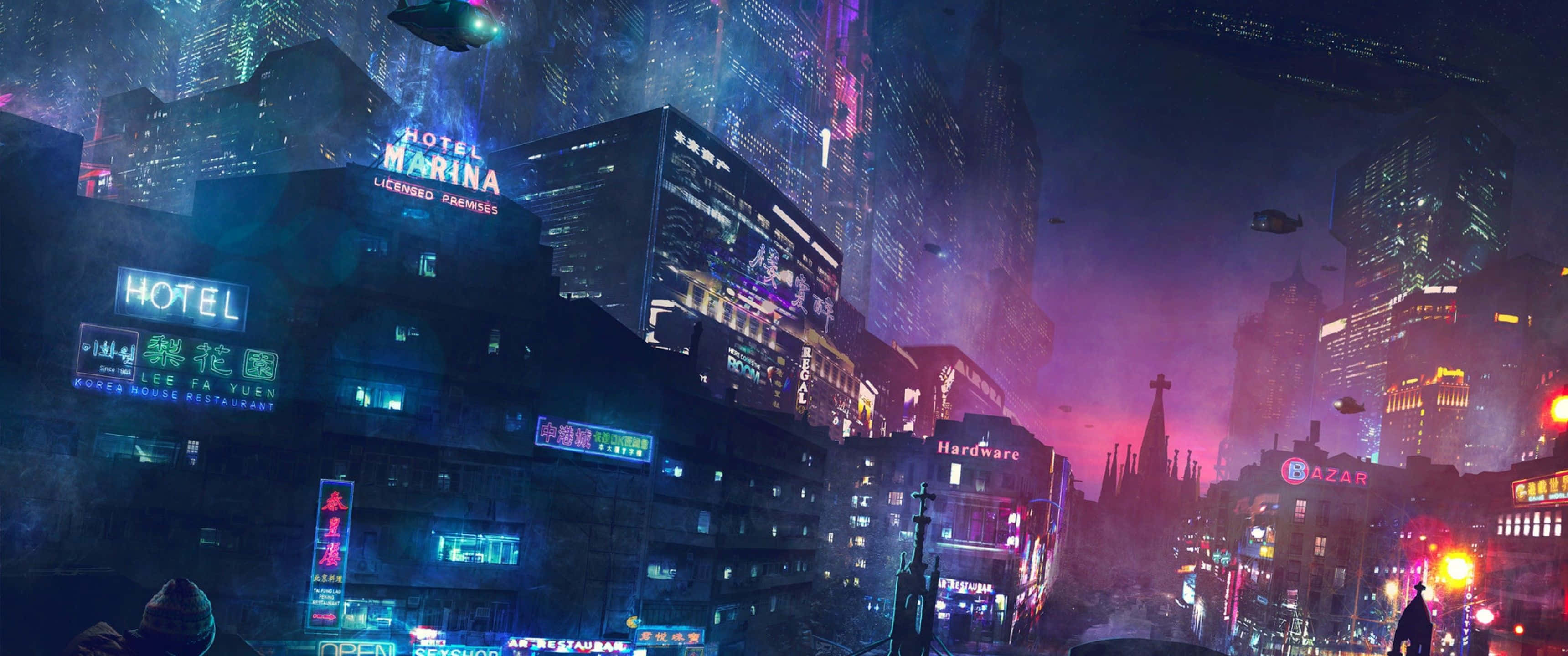 Cyberpunk 3440x1440, neon-drenched, cyberpunk cityscape, 2K Desktop Wallpaper