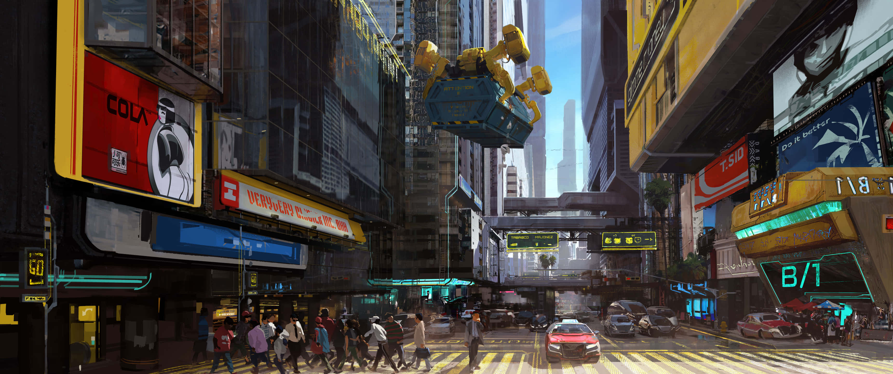 Cyberpunk 3440x1440, futuristic city street, towering buildings, 2K Desktop Wallpaper