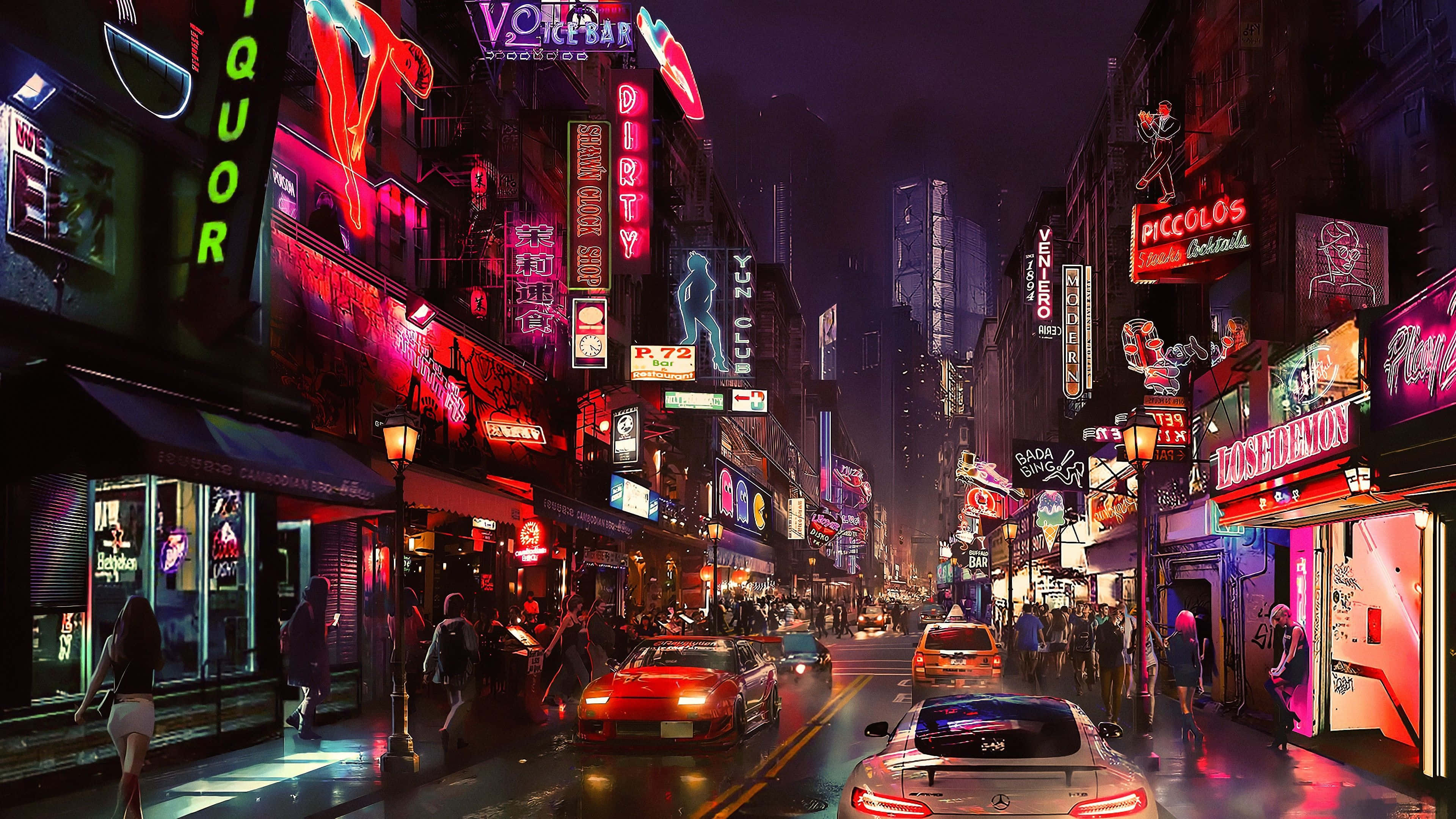 neon signs, bustling city street, night, 4K Desktop Wallpaper