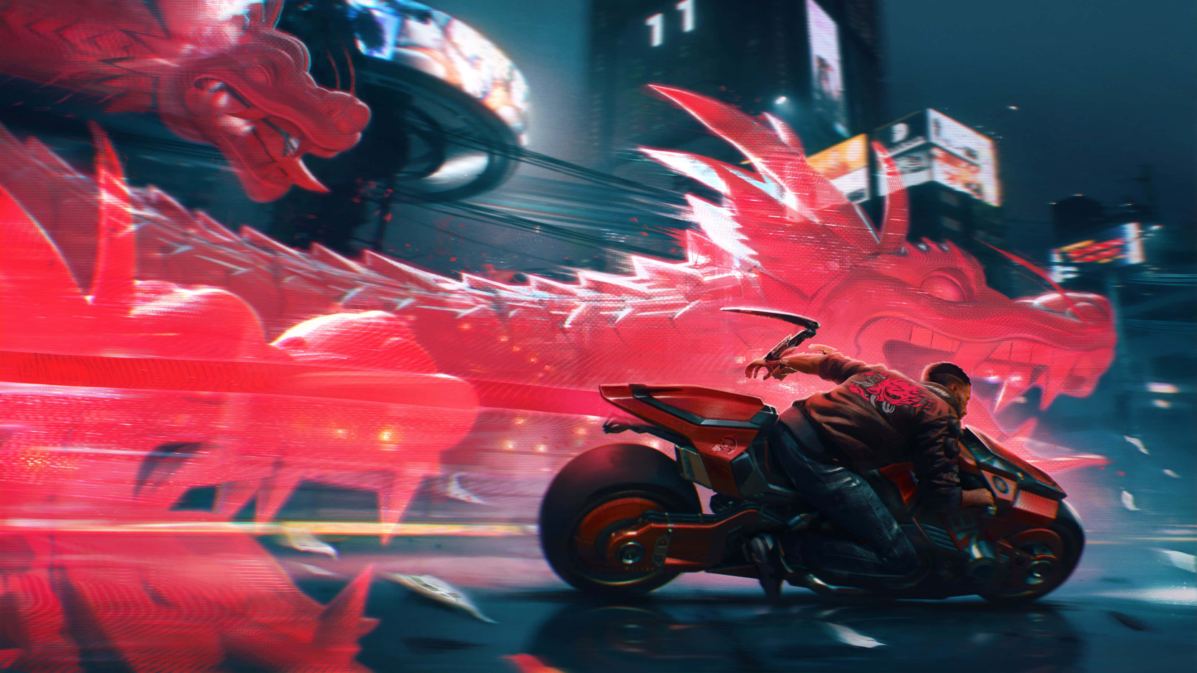 Cyberpunk, red motorcycle, neon-lit city, 4K Desktop Wallpaper