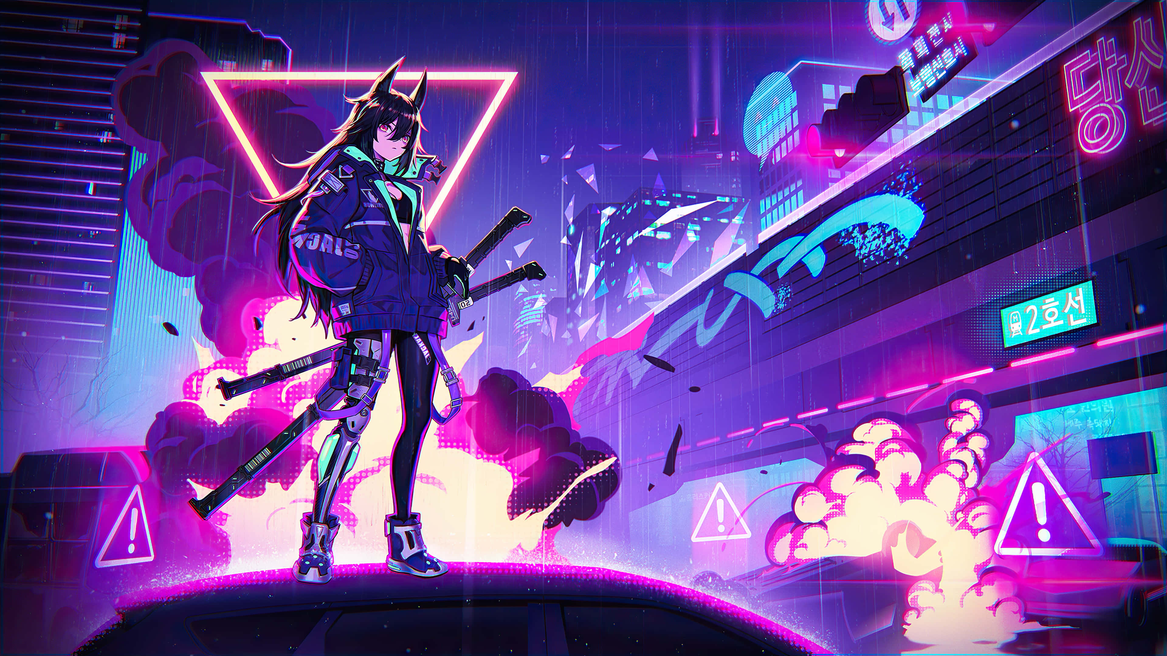 Cyberpunk Aesthetic, cat ears, neon-drenched, 4K Desktop Wallpaper
