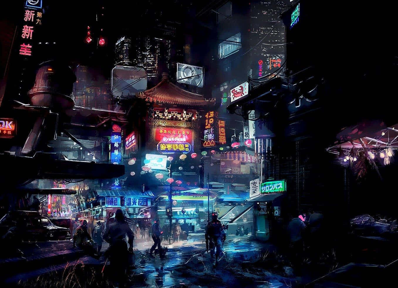 Cyberpunk Night Anime City, neon-drenched cyberpunk alley, glowing signs, HD Desktop Wallpaper