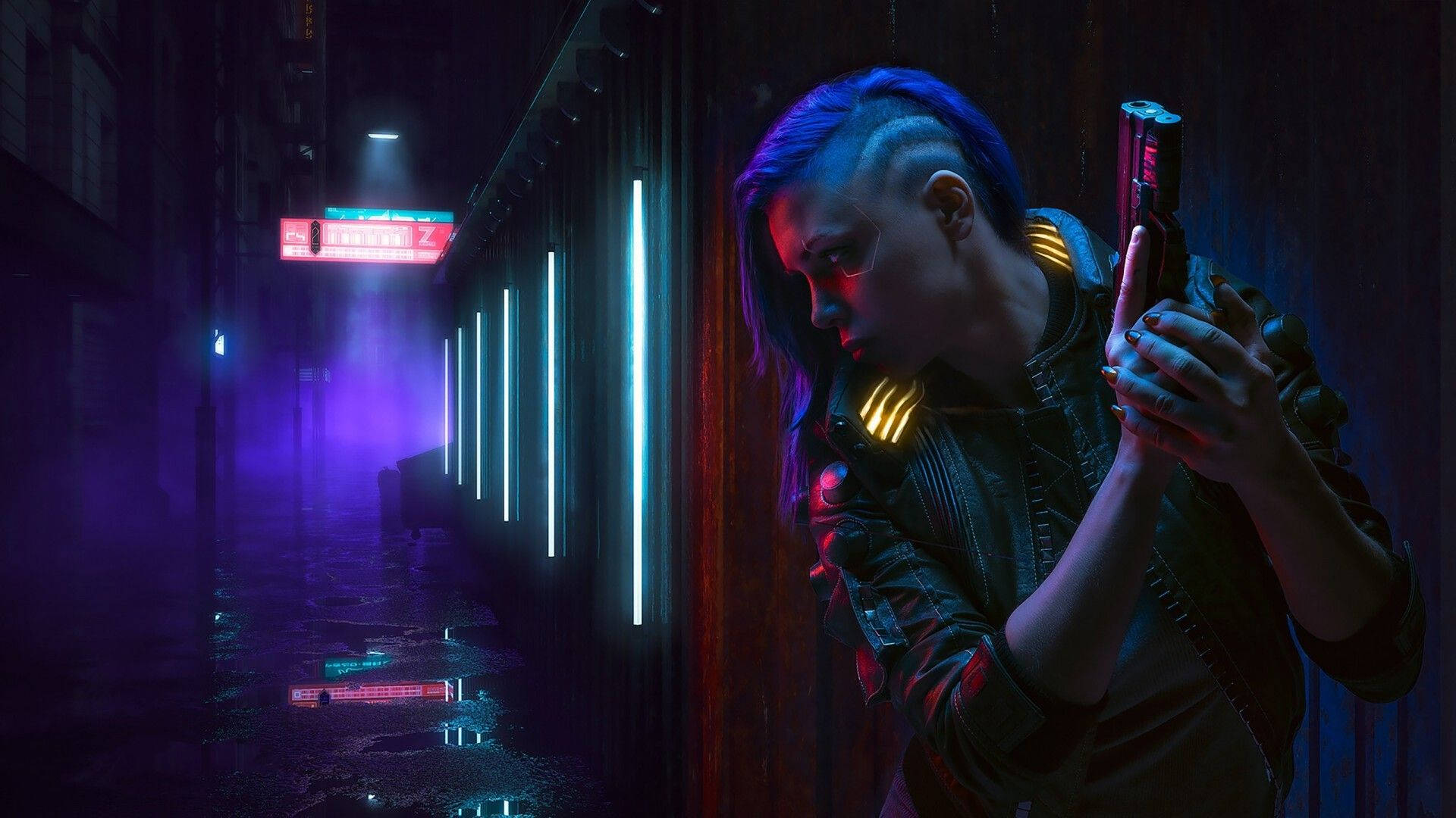 blue hair, glowing weapon, neon-lit rain-soaked alley, Full HD Desktop Wallpaper