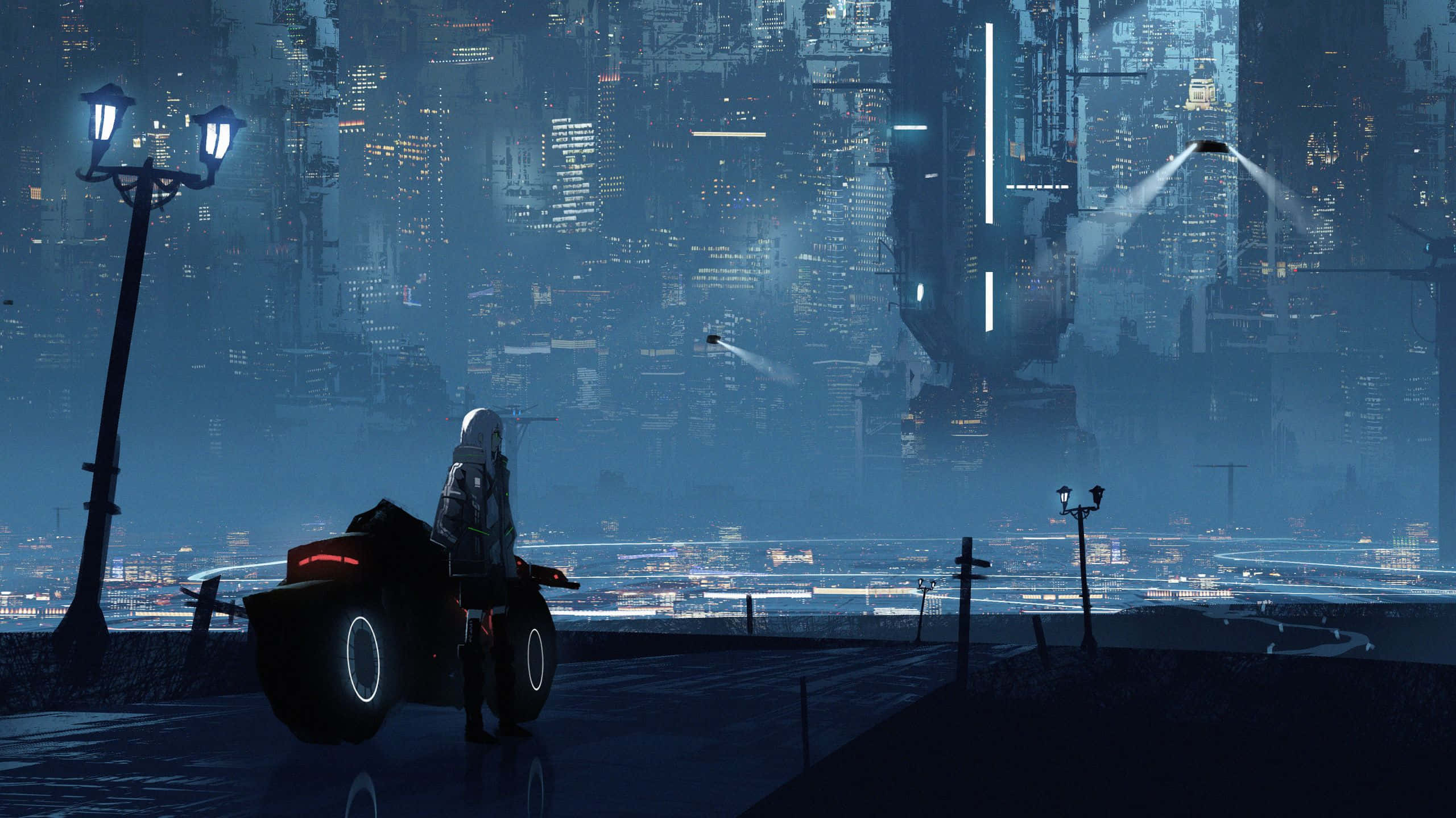 2560x1440, futuristic motorcycle, wet city street, 2K Desktop Wallpaper