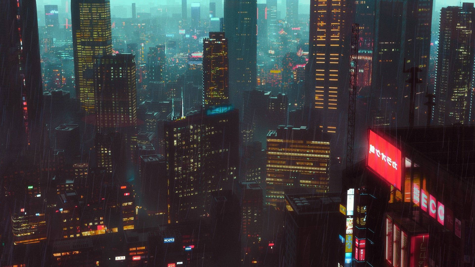 Cyberpunk, 1920x1080, Rainy Japan City, Full HD Desktop Wallpaper